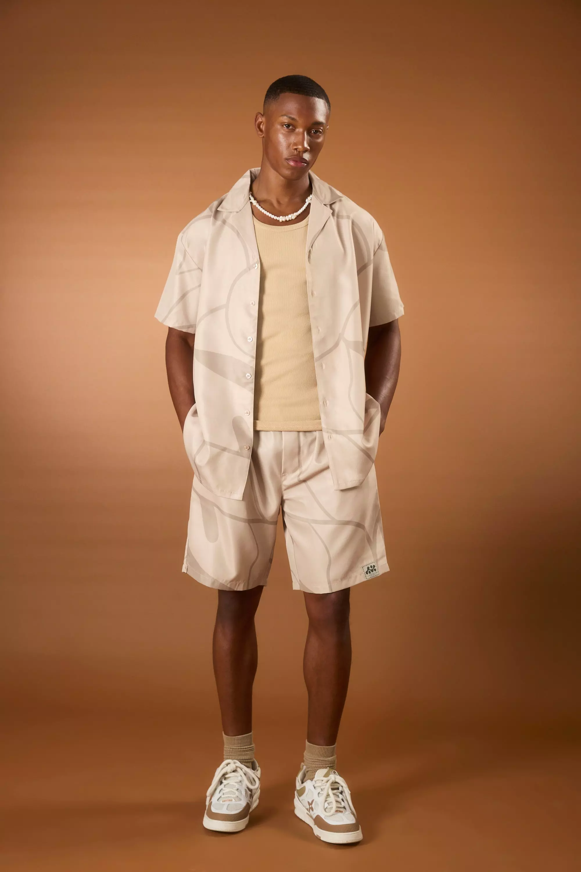 Taupe Soft Twill Abstract Printed Tab Shirt And Short alternative image
