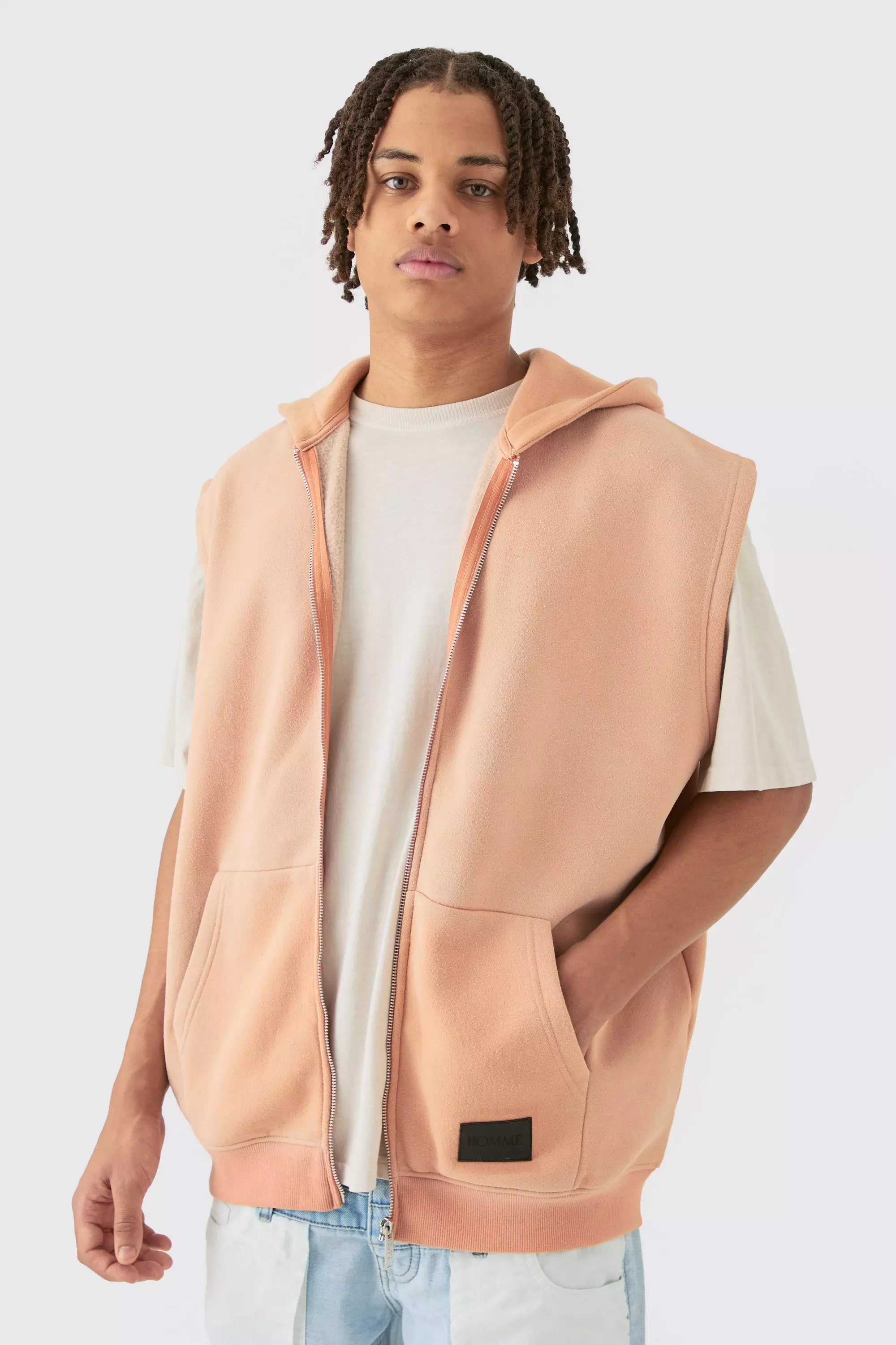 Oversized Zip Through Washed Sleeveless Hoodie Orange