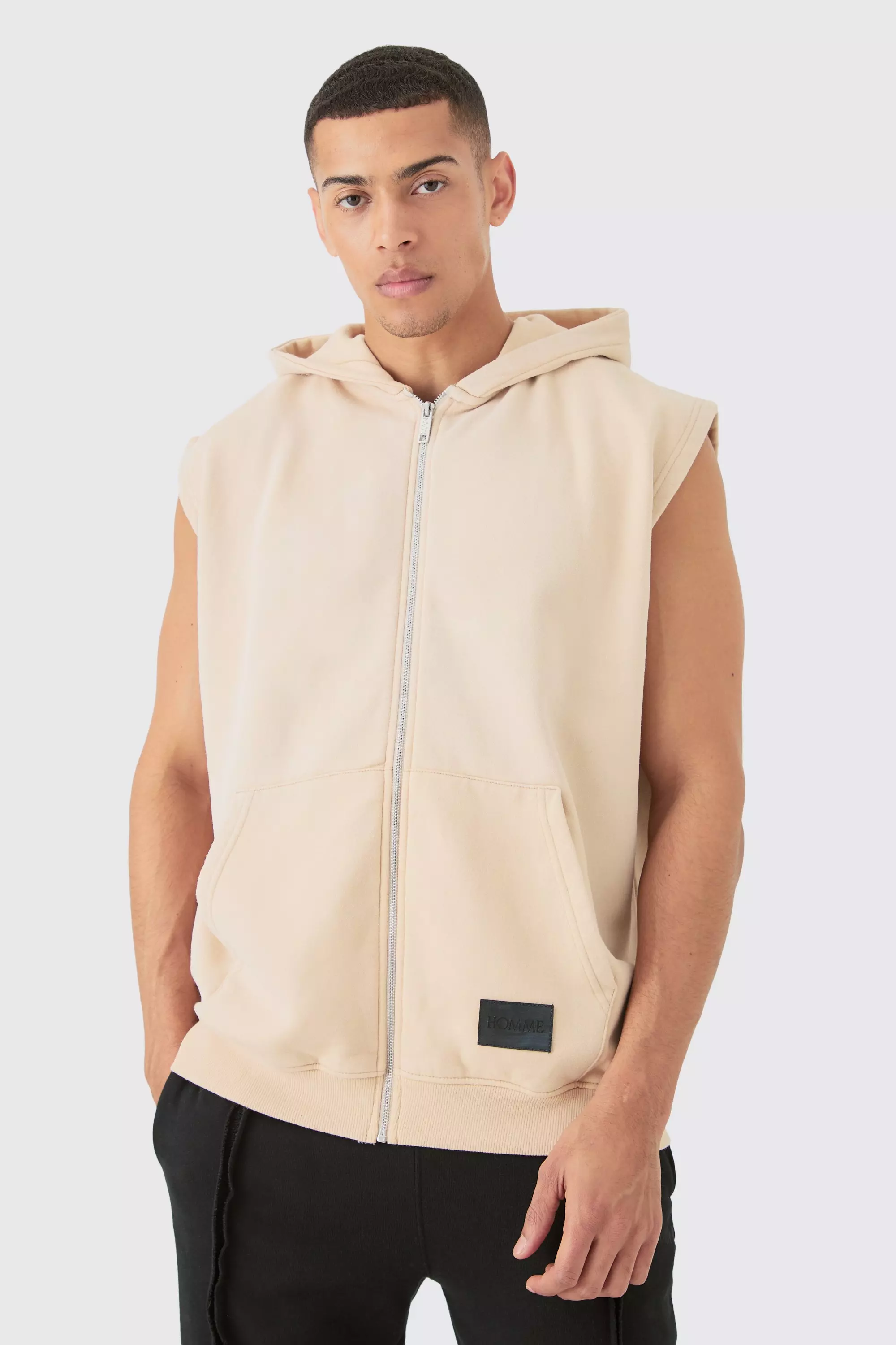 Oversized Zip Through Washed Sleeveless Hoodie Stone