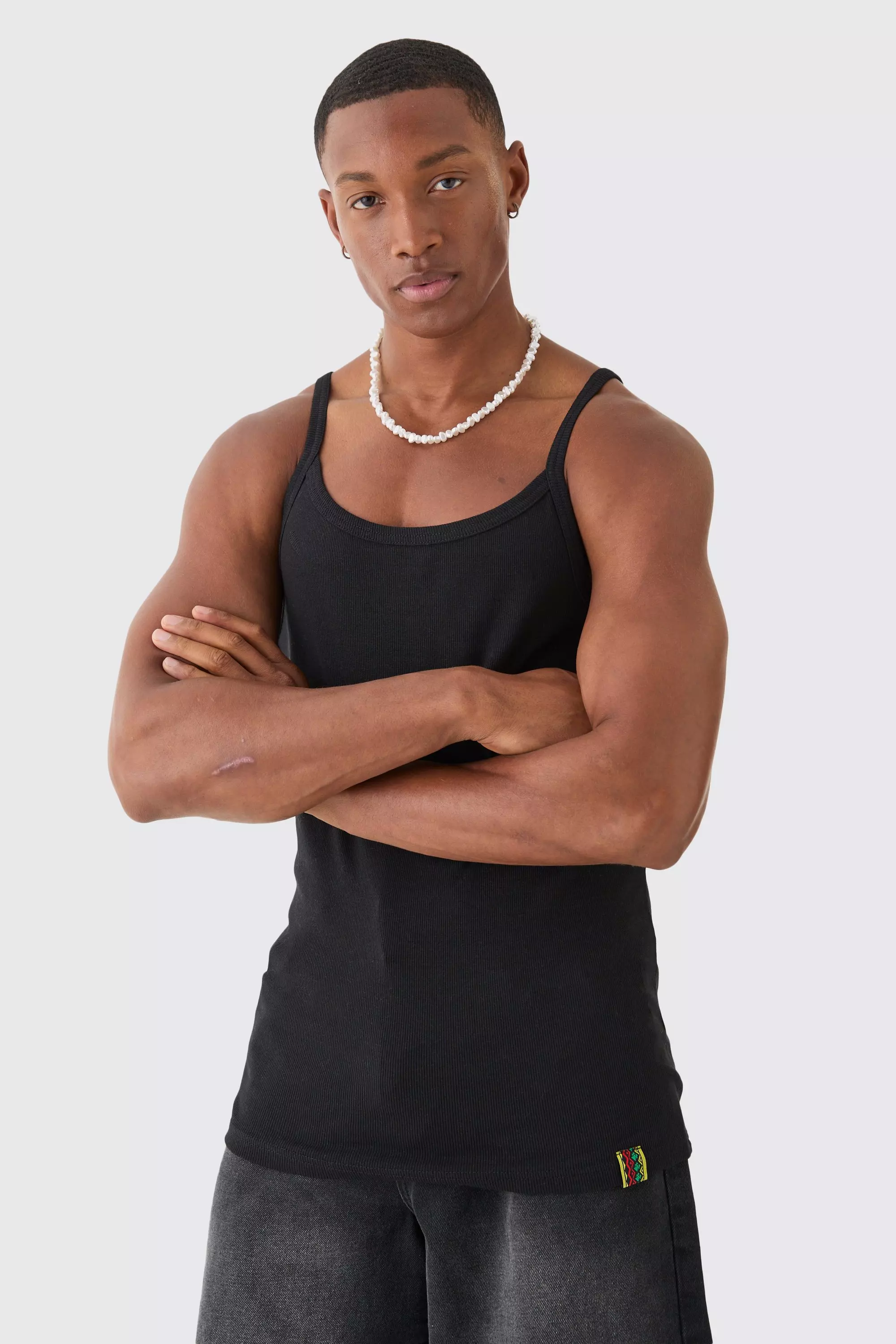 Slim Squared Neck Ribbed Vest Black