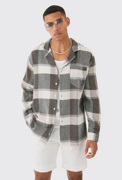 Grey Long Sleeve Oversized Textured Check Shirt