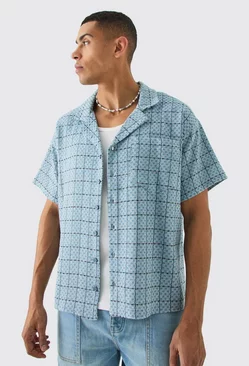 Blue Boxy Textured Grid Check Shirt