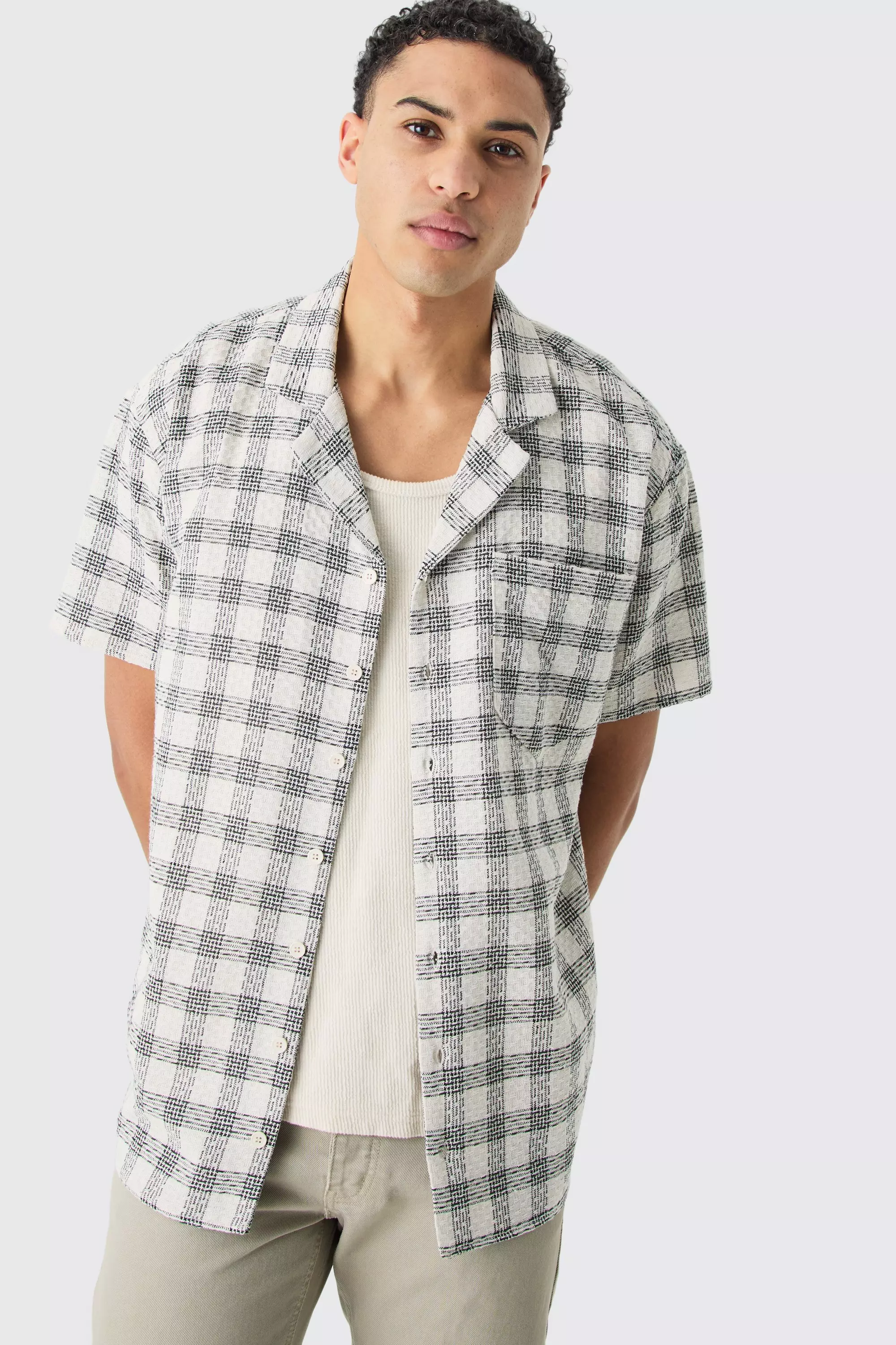 White Oversized Textured Contrast Check Shirt alternative image