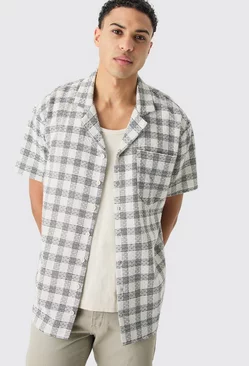 Oversized Textured Contrast Check Shirt White