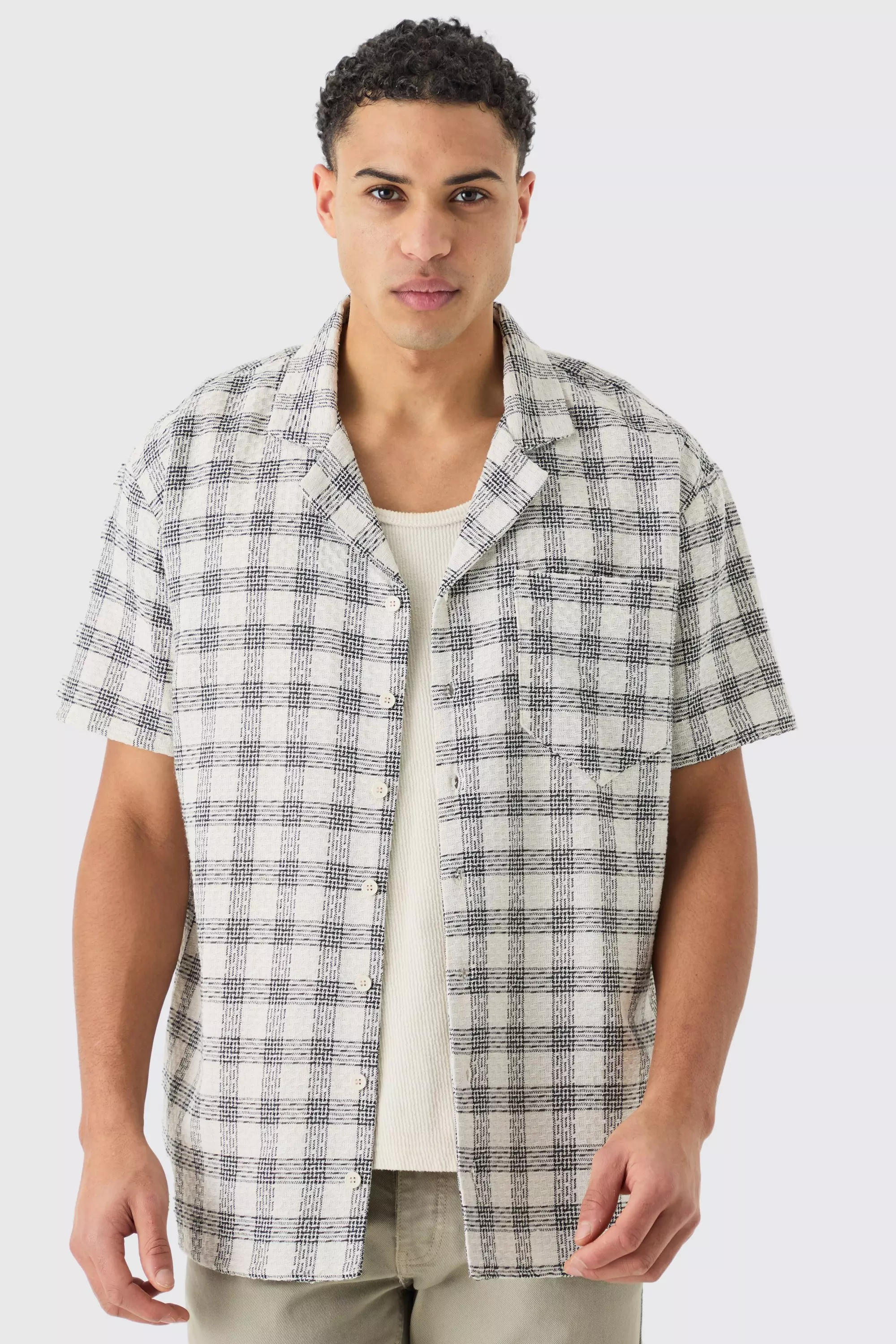 White Oversized Textured Contrast Check Shirt alternative image
