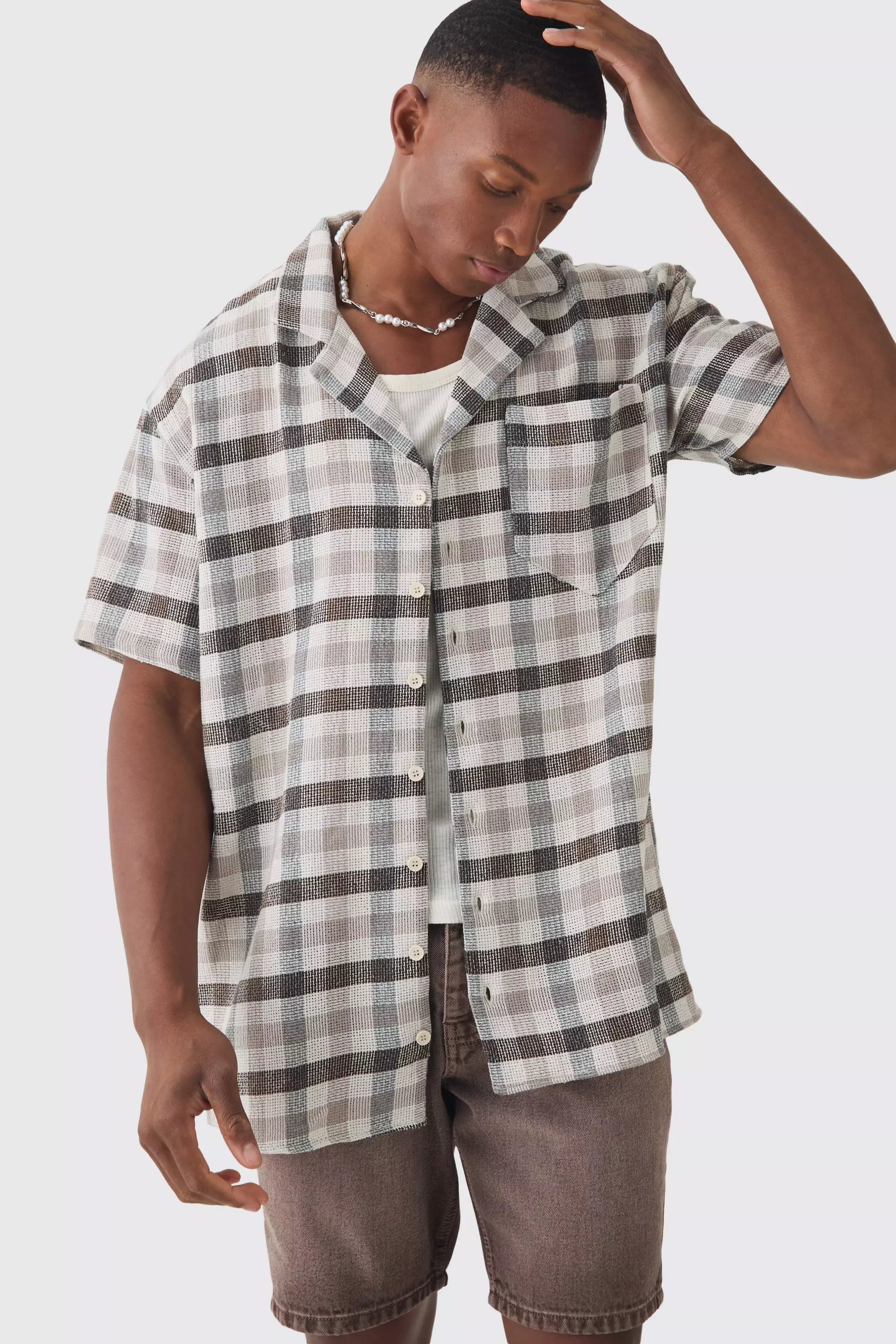 Brown Oversized Mini Textured Flannel Shirt alternative image