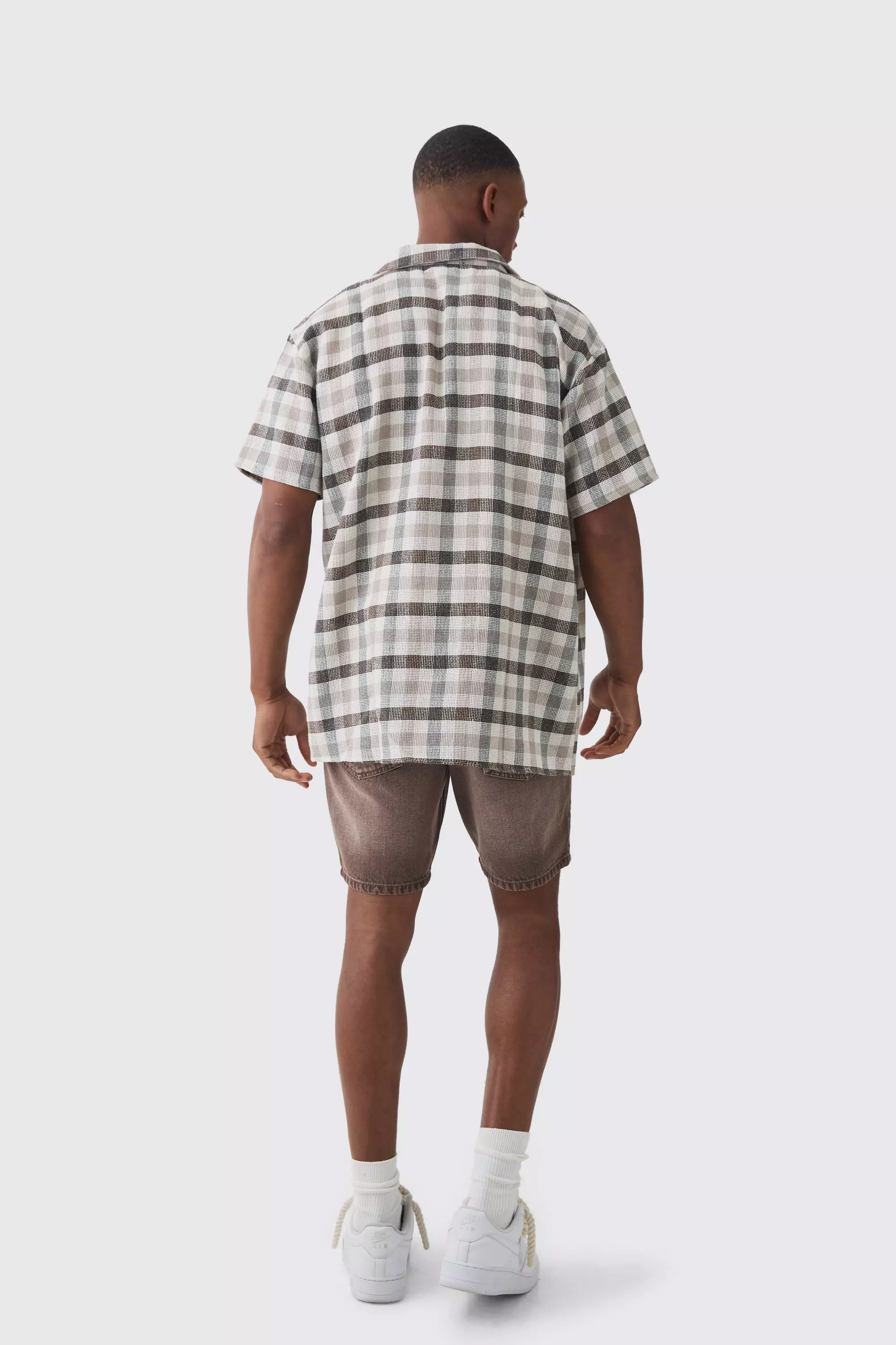 Brown Oversized Mini Textured Flannel Shirt alternative image