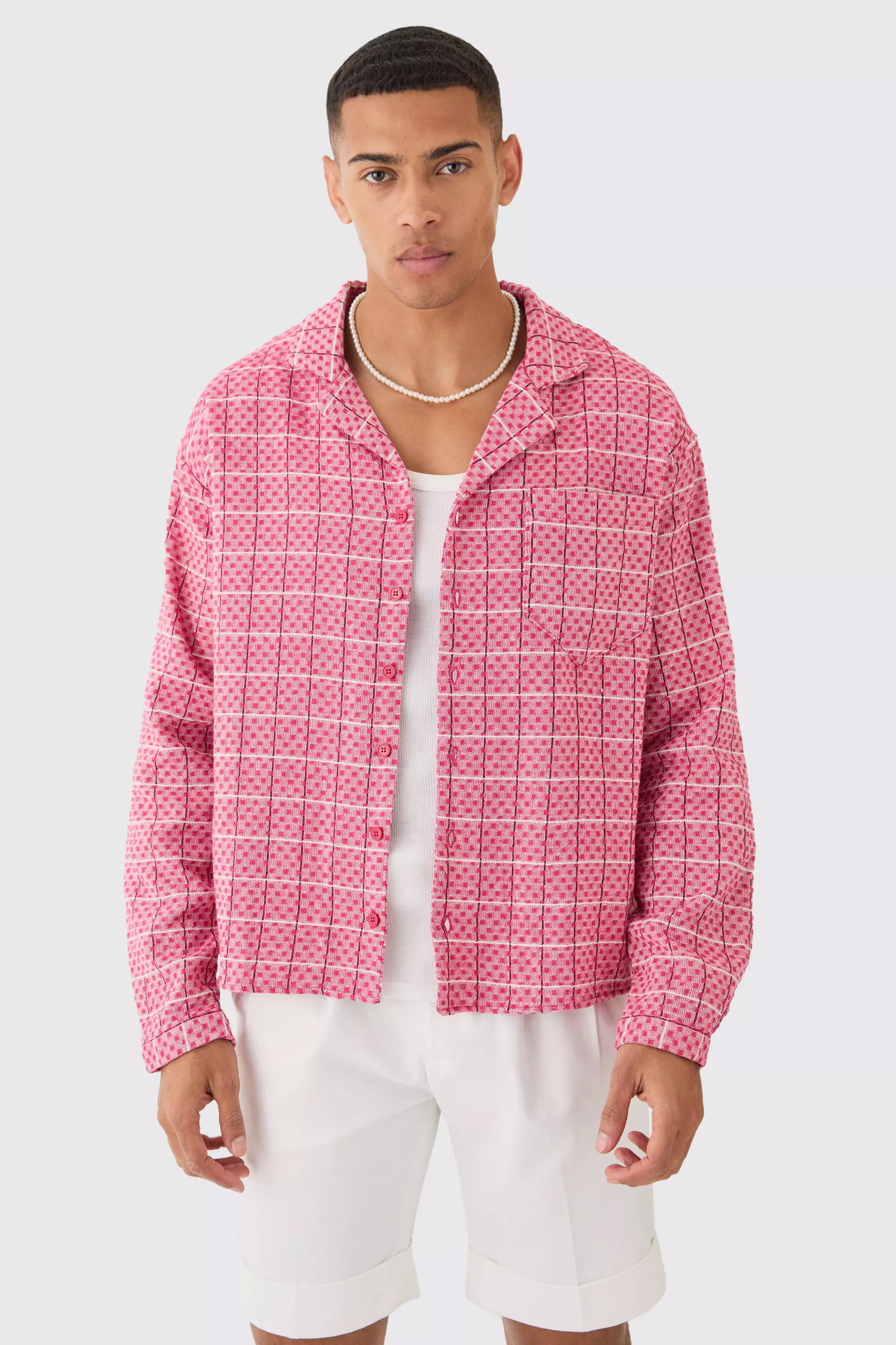 Pink Long Sleeve Boxy Textured Grid Flannel Shirt