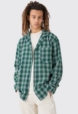 Long Sleeve Oversized Textured Contrast Check Shirt Green