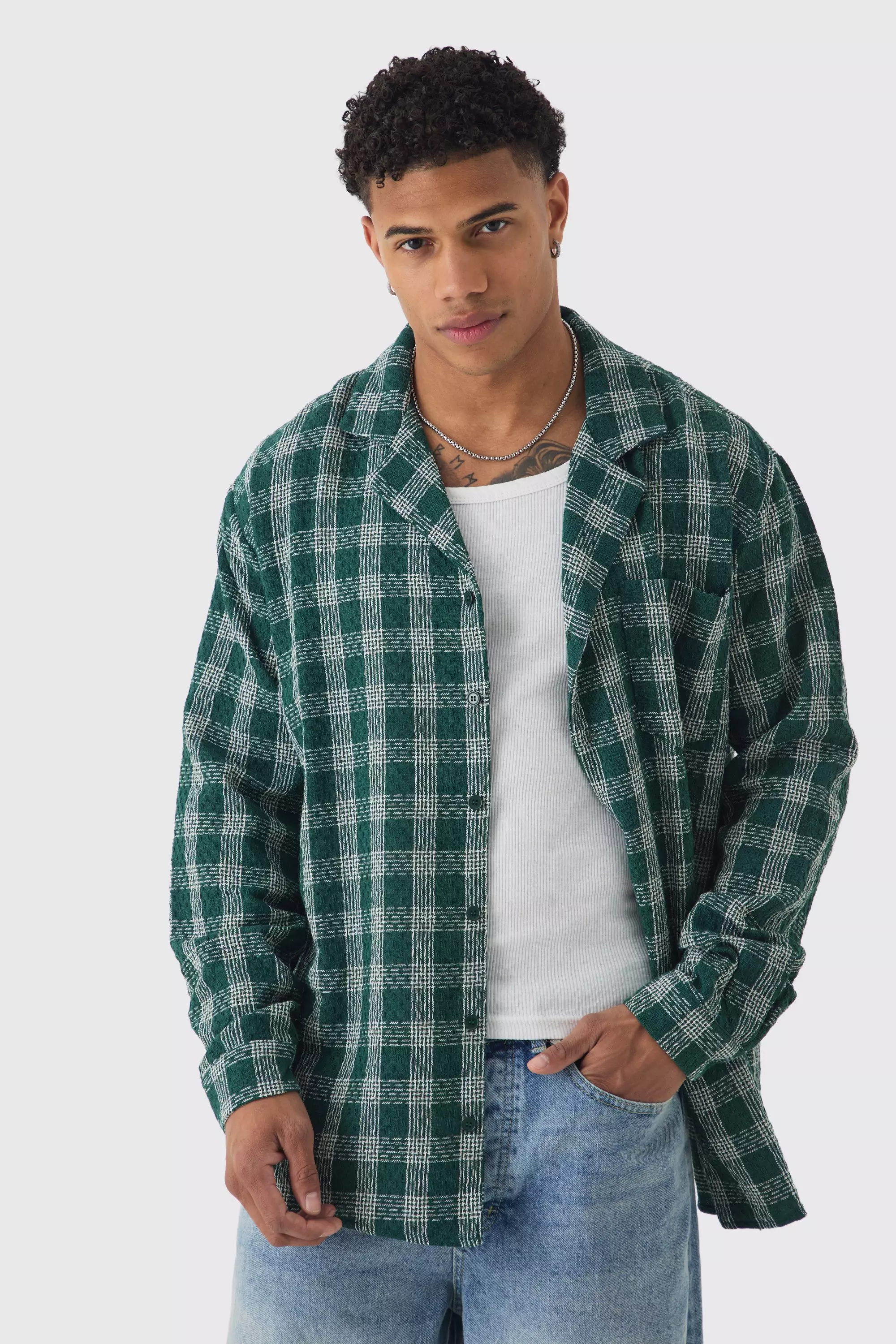 Long Sleeve Oversized Textured Contrast Check Shirt Green