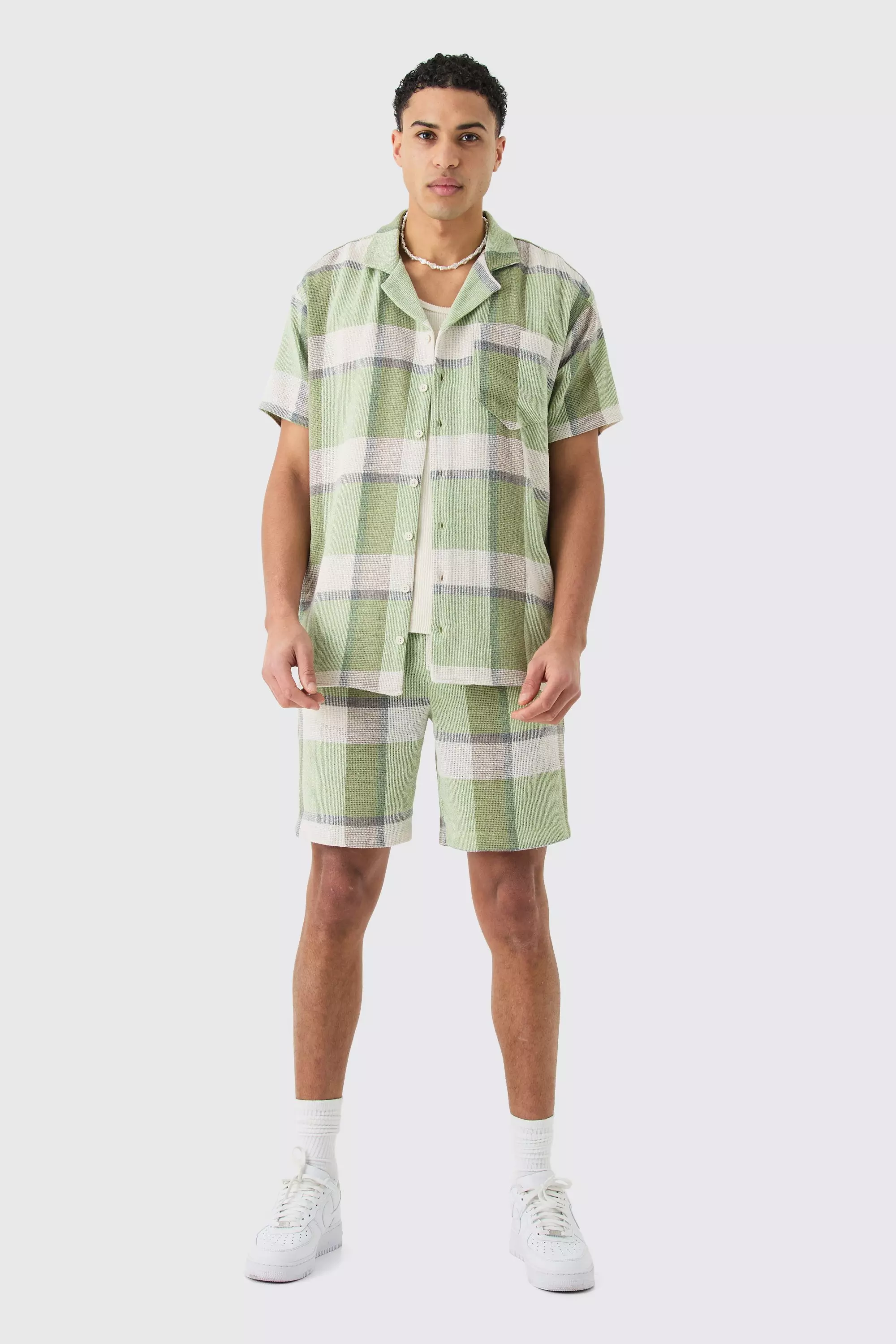 Sage Oversized Textured Check Shirt And Short alternative image