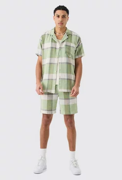 Sage Green Oversized Textured Check Shirt And Short