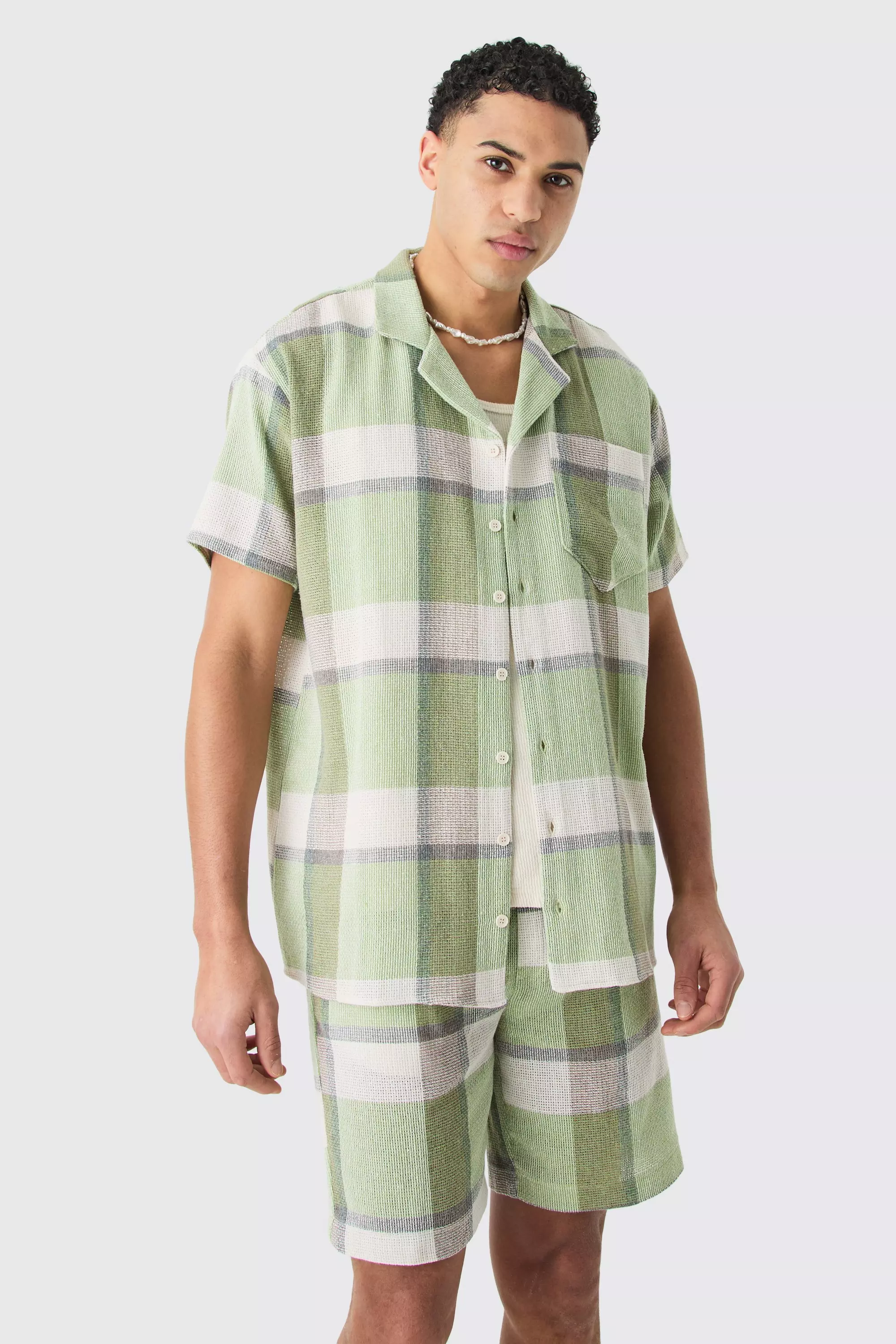 Sage Oversized Textured Check Shirt And Short alternative image