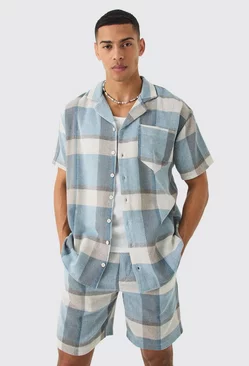Blue Oversized Textured Check Shirt And Short