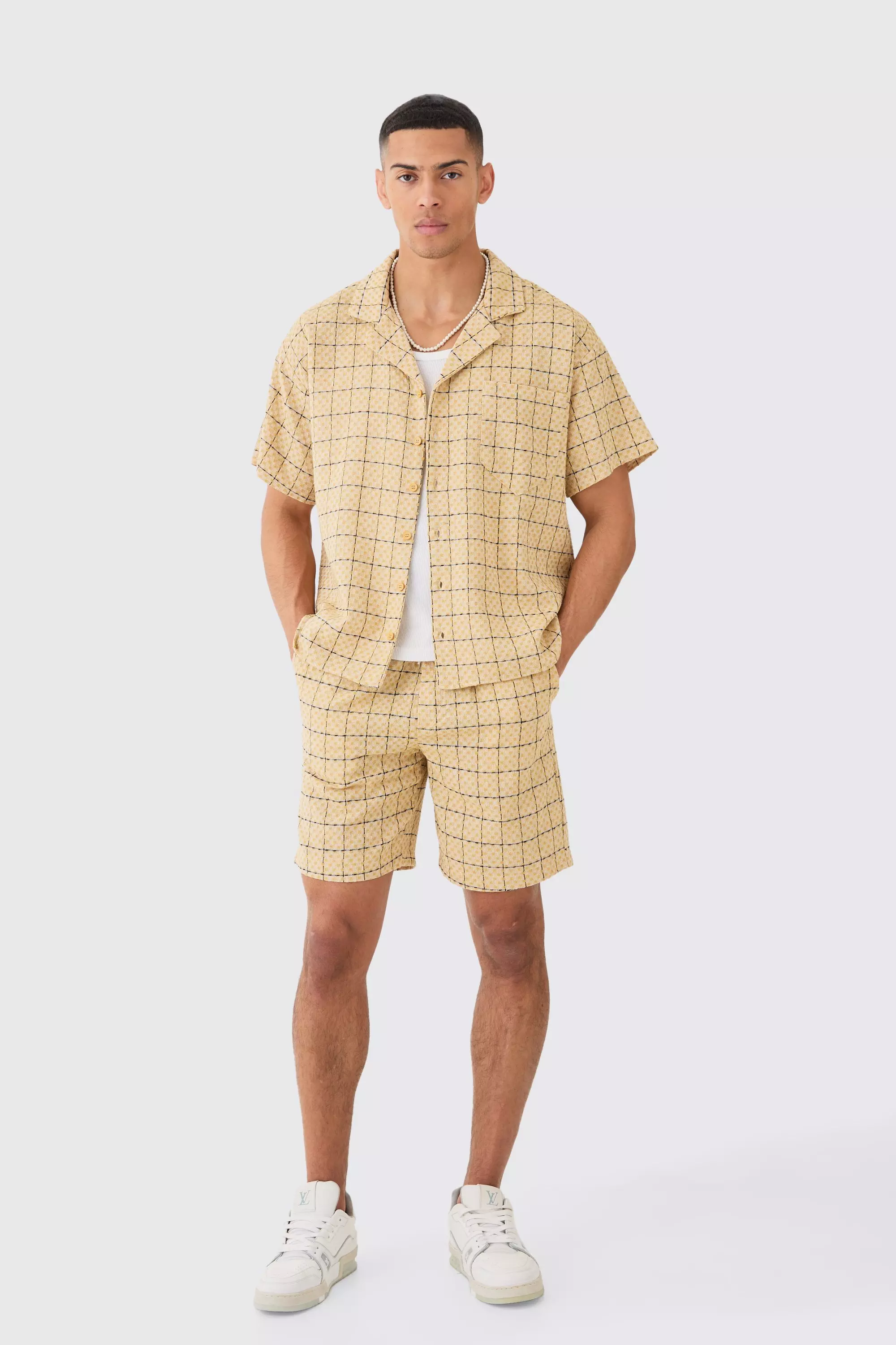 Yellow Boxy Textured Grid Flannel Shirt And Short