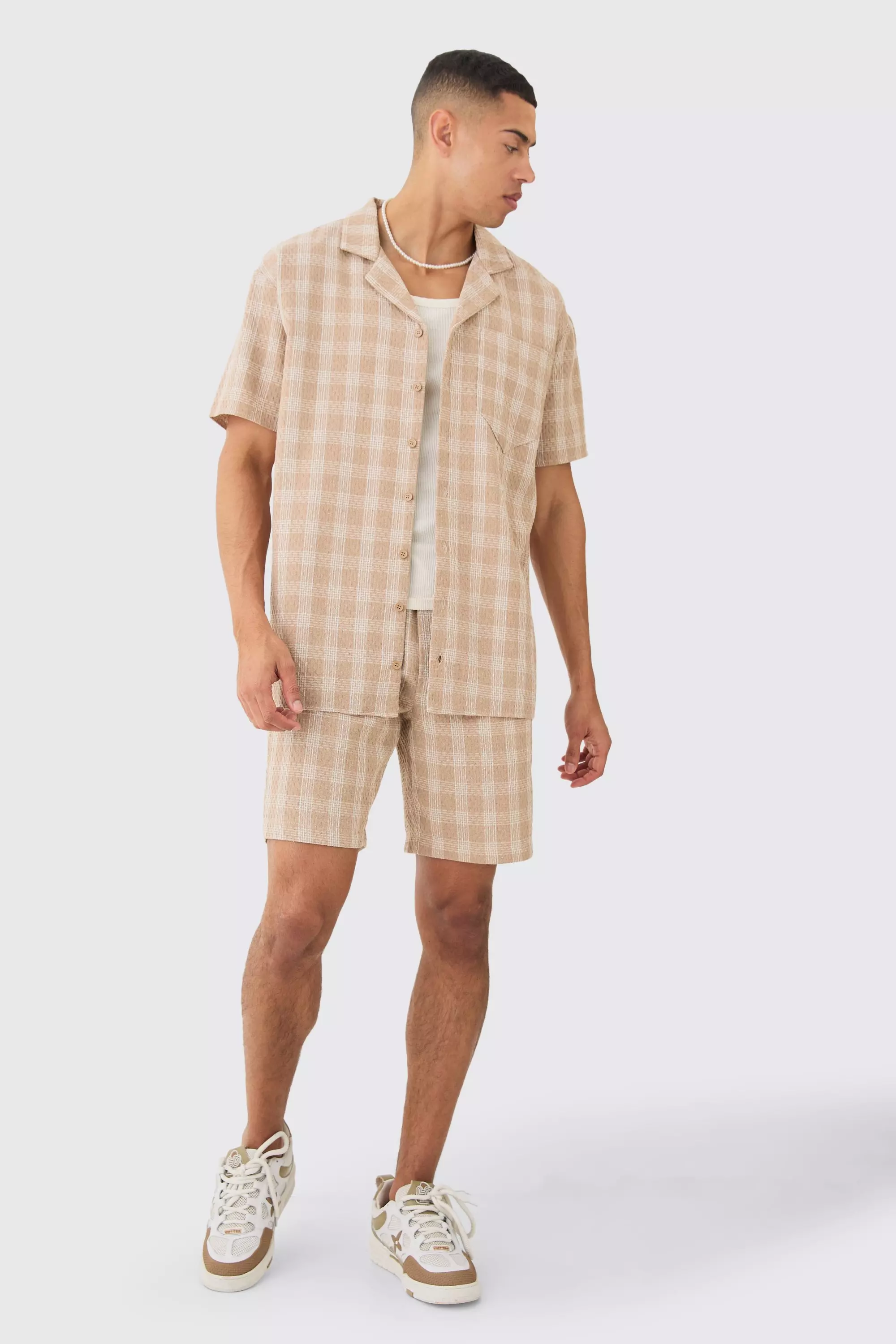 Stone Oversized Textured Contrast Check Shirt And Short alternative image