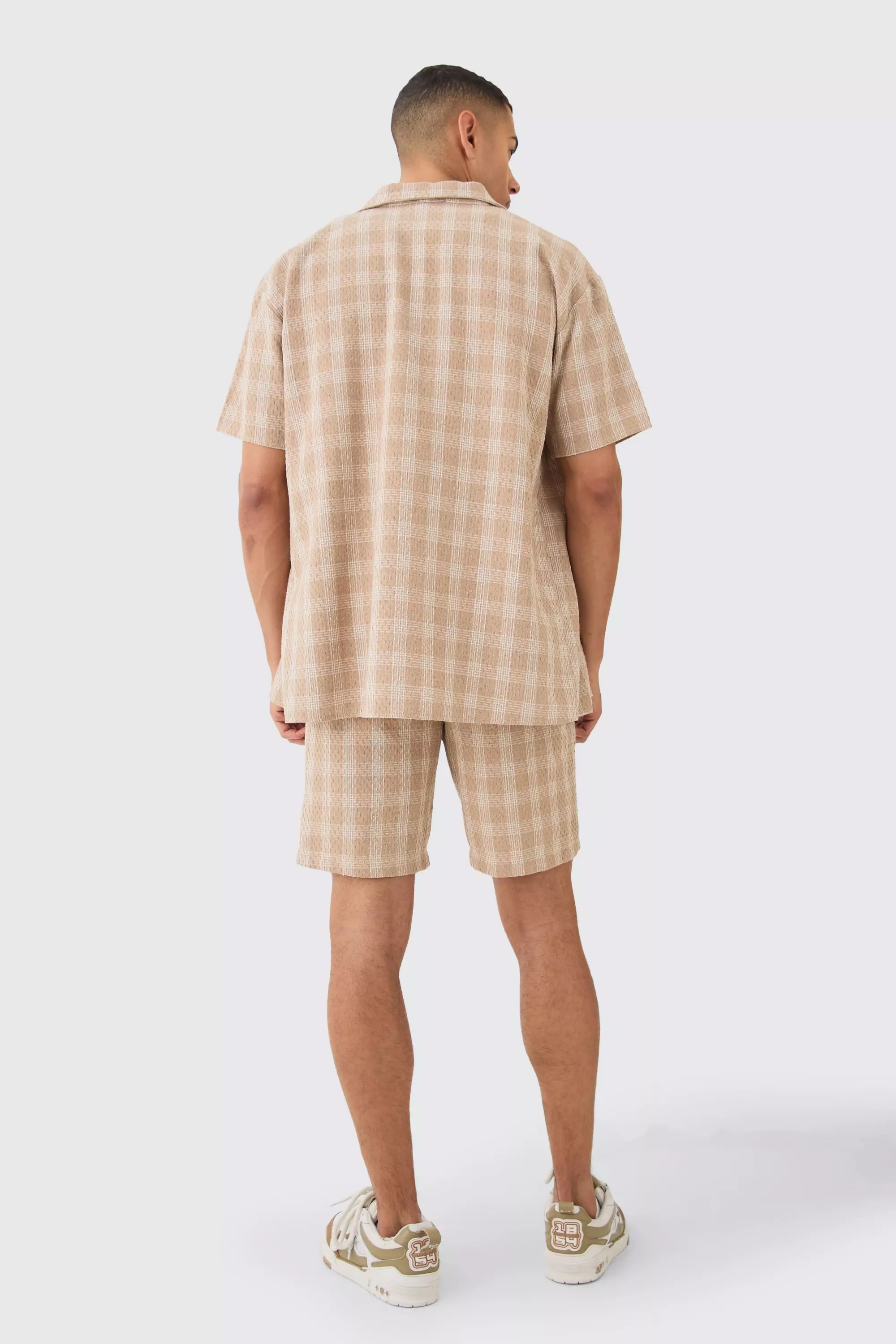 Stone Oversized Textured Contrast Check Shirt And Short alternative image