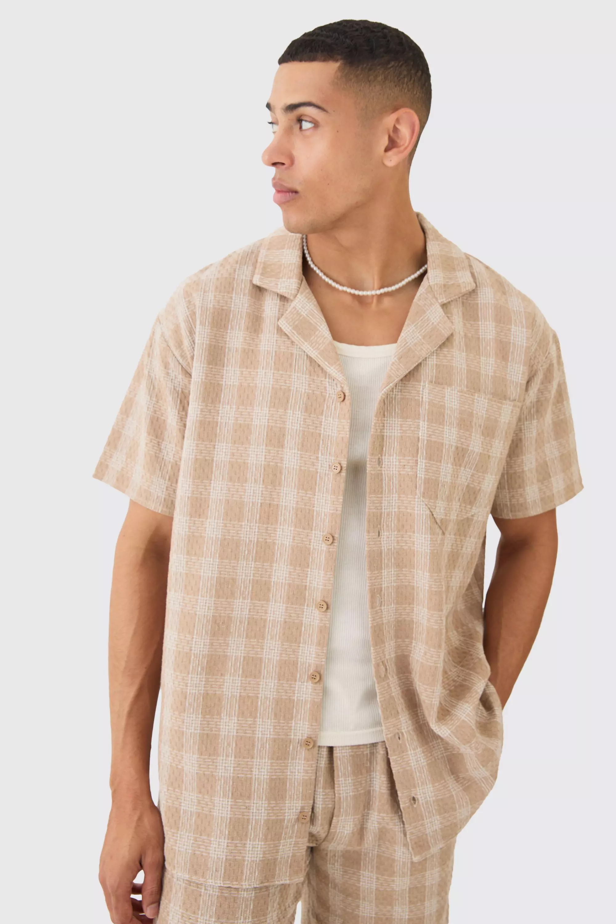 Stone Oversized Textured Contrast Check Shirt And Short alternative image