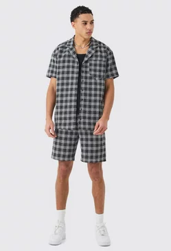 Oversized Textured Contrast Check Shirt And Short Black