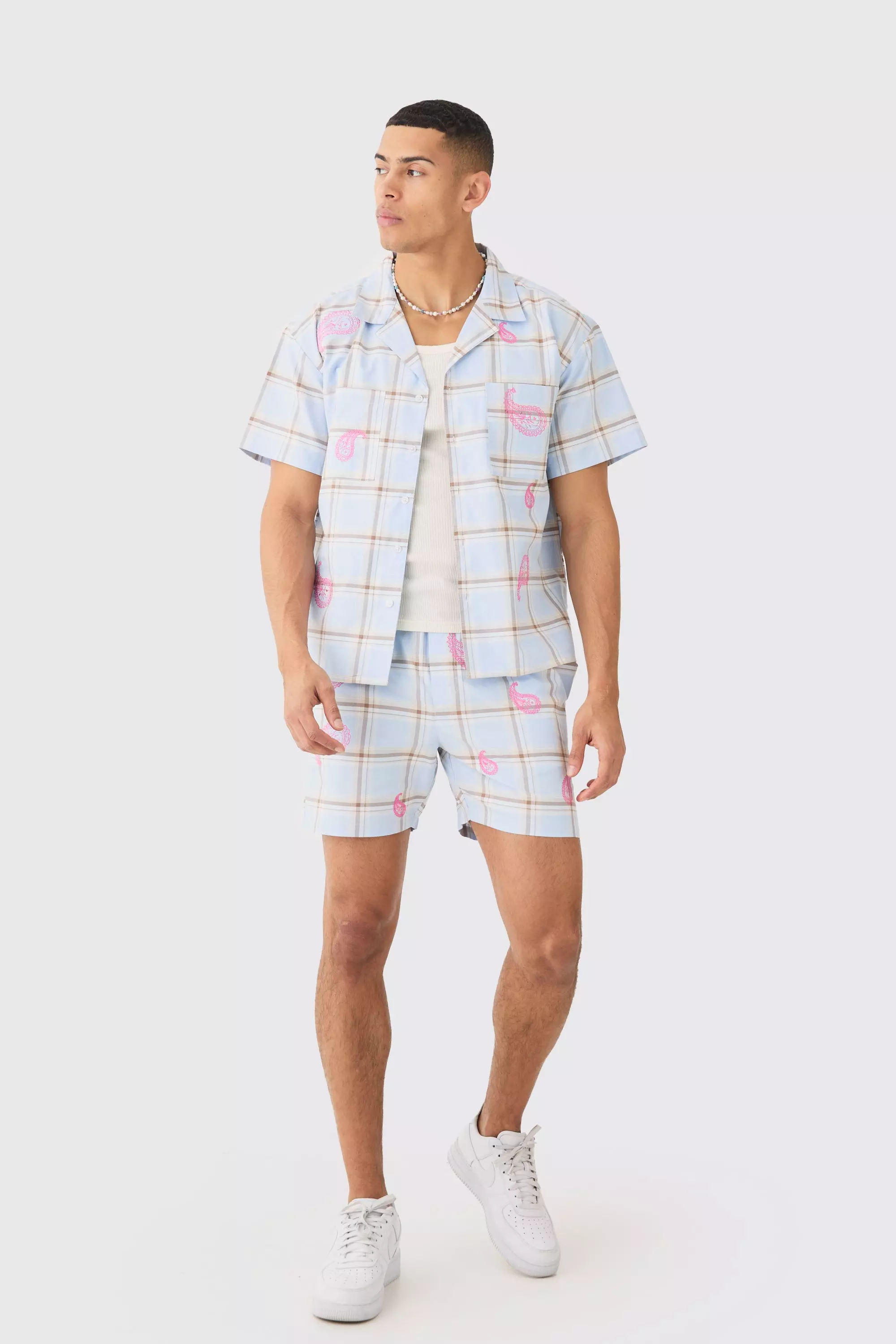 Blue Boxy Check Paisley Embroidered Shirt And Short alternative image
