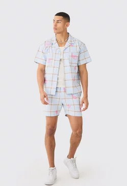 Boxy Check Paisley Embroidered Shirt And Short Blue