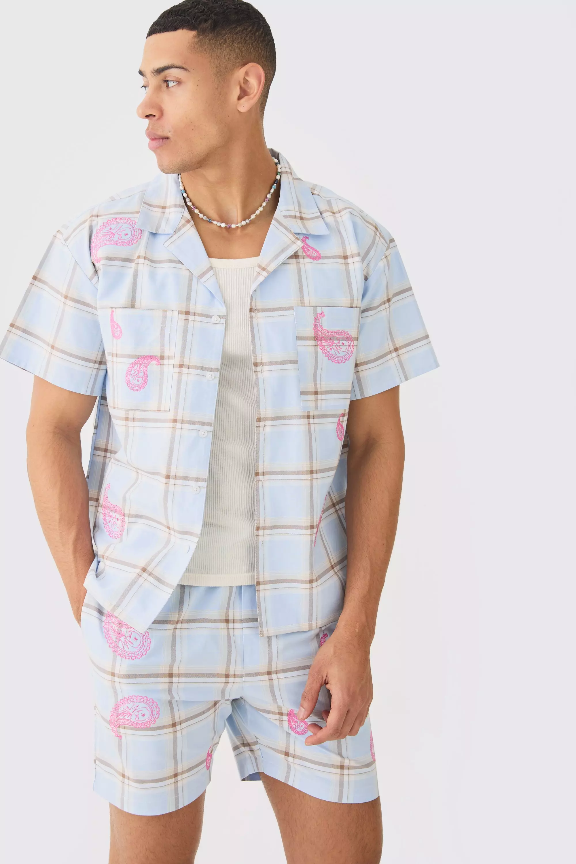 Blue Boxy Check Paisley Embroidered Shirt And Short alternative image