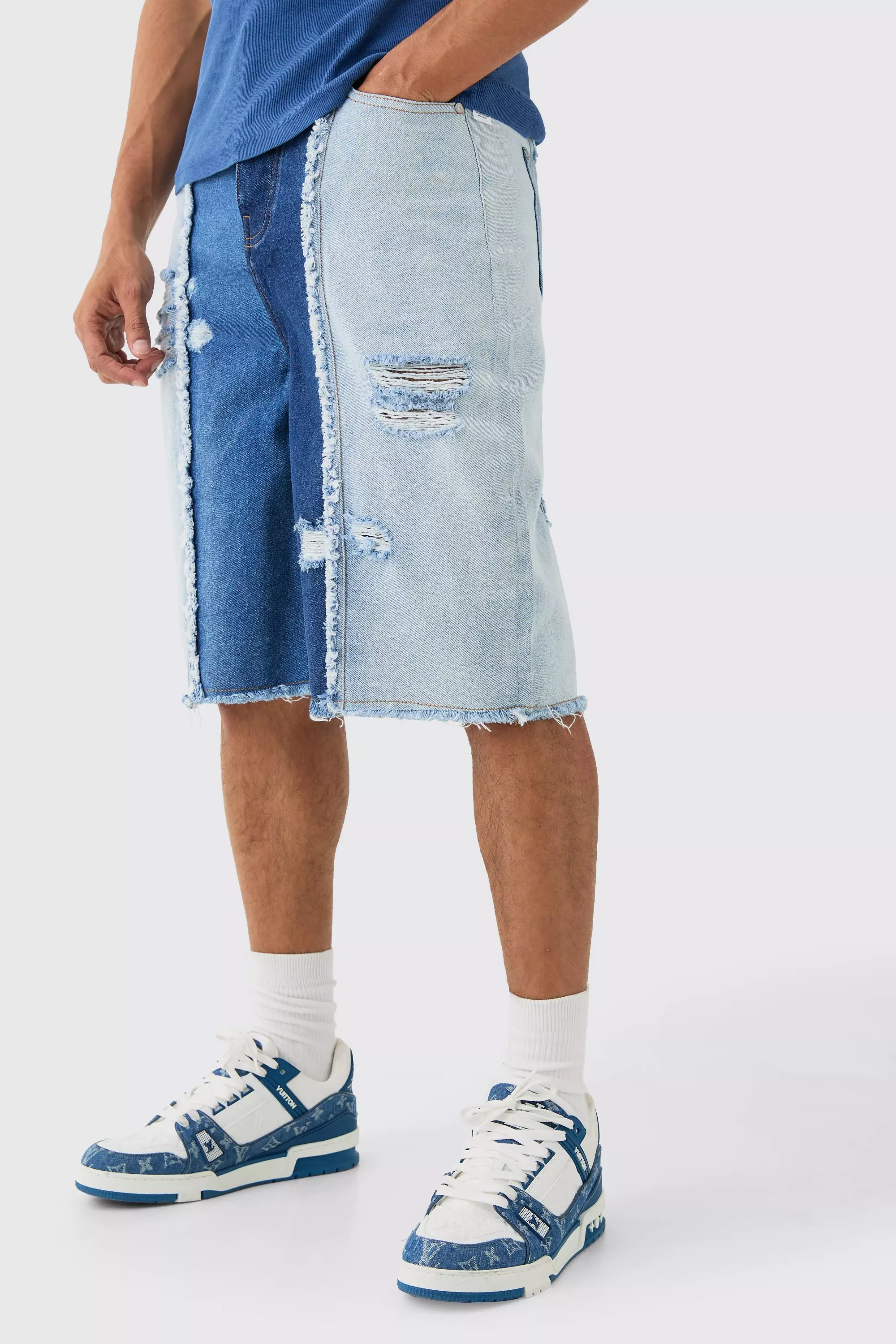 Light blue Spliced Distressed Denim Jorts In Blue alternative image