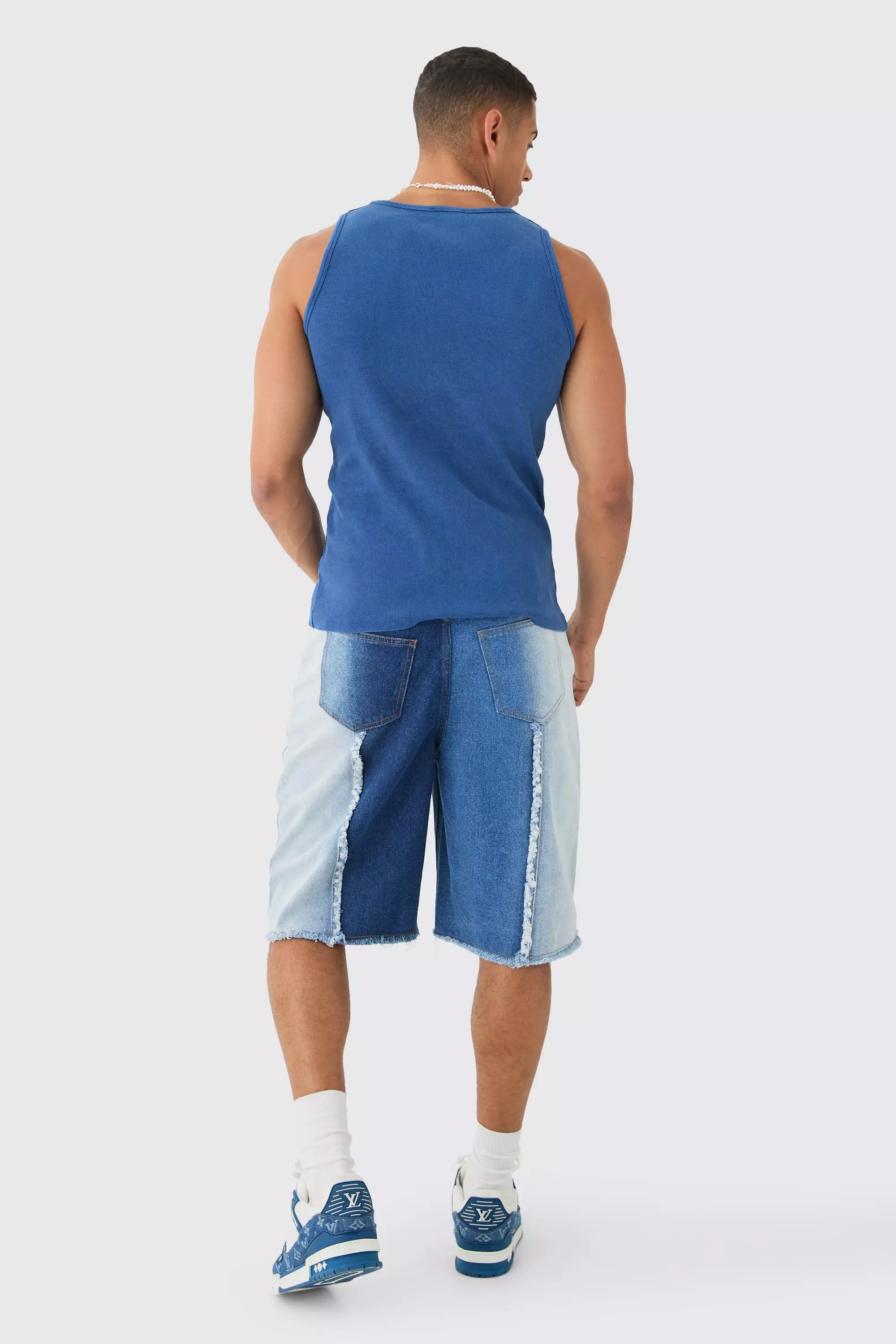 Light blue Spliced Distressed Denim Jorts In Blue alternative image