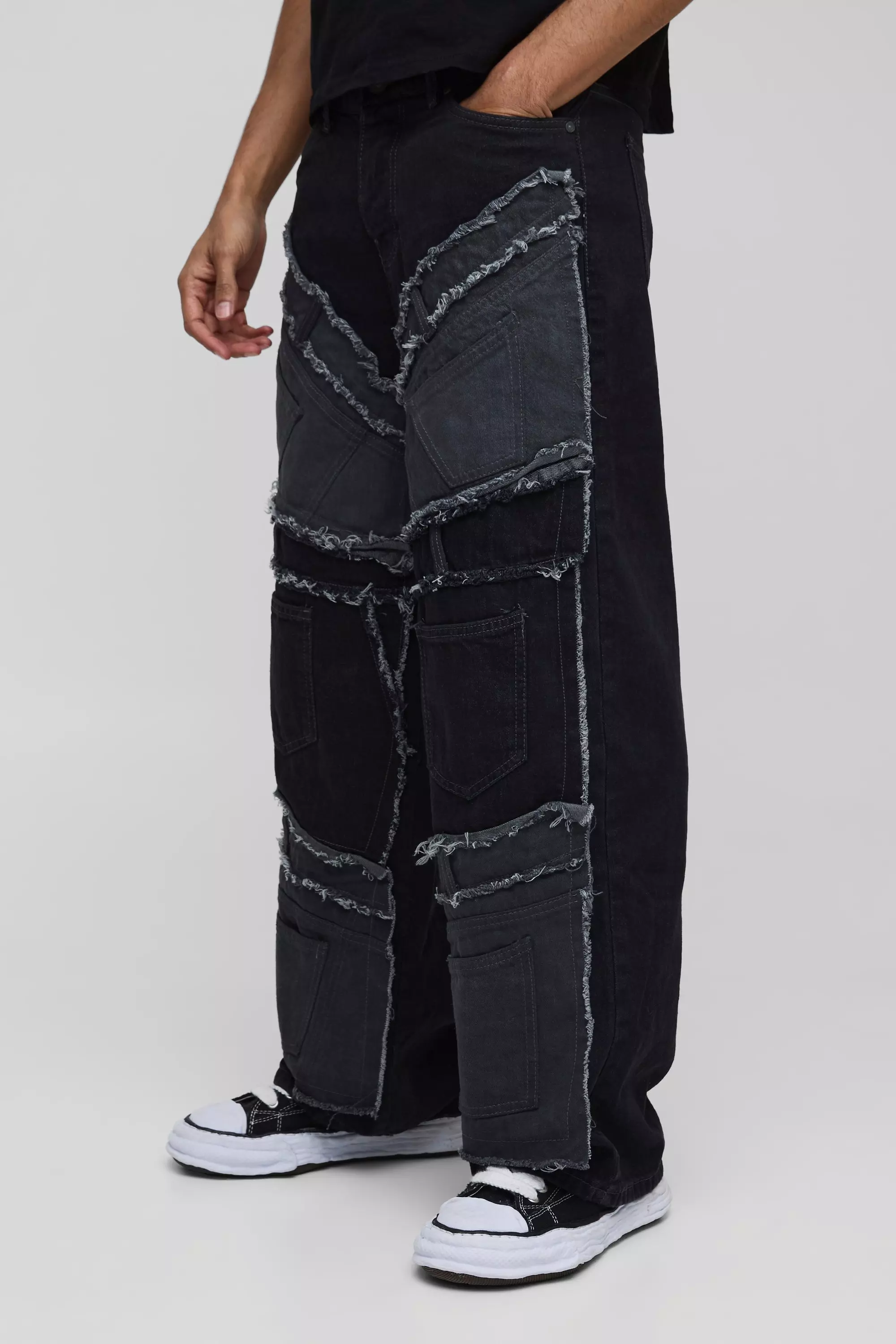 Baggy Rigid Patchwork Waistband Detail Jean In Black | boohooMAN USA