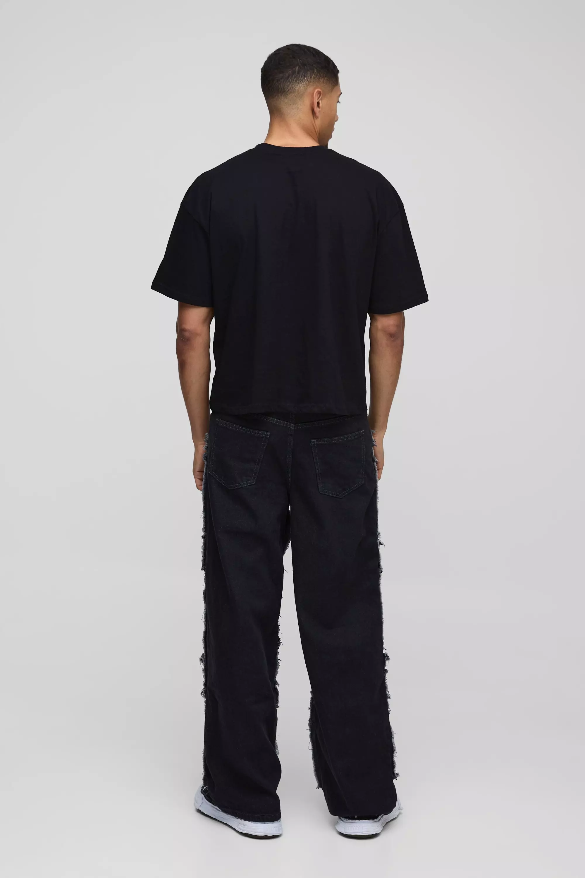 Baggy Rigid Patchwork Waistband Detail Jean In Black | boohooMAN USA