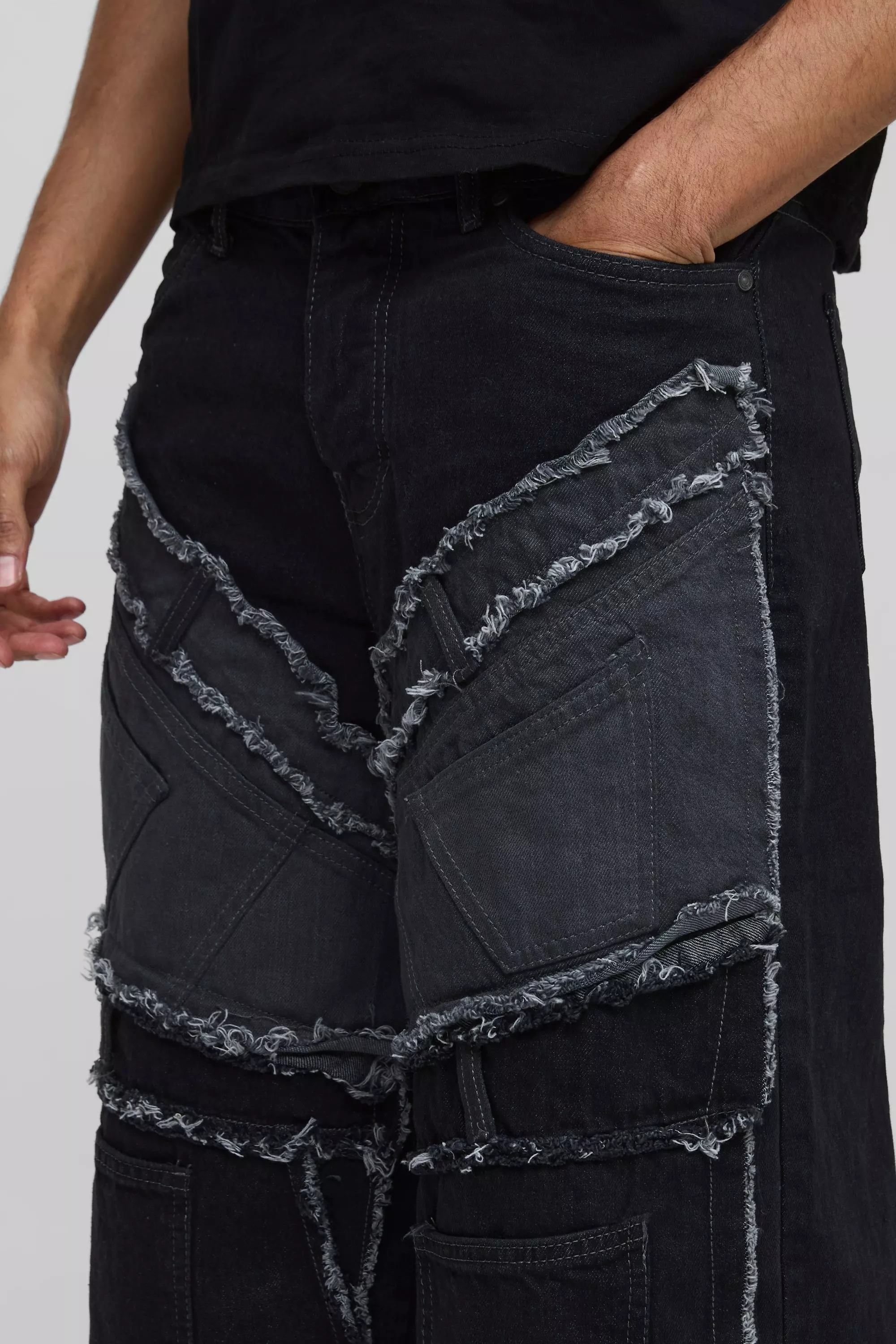 Baggy Rigid Patchwork Waistband Detail Jean In Black | boohooMAN USA