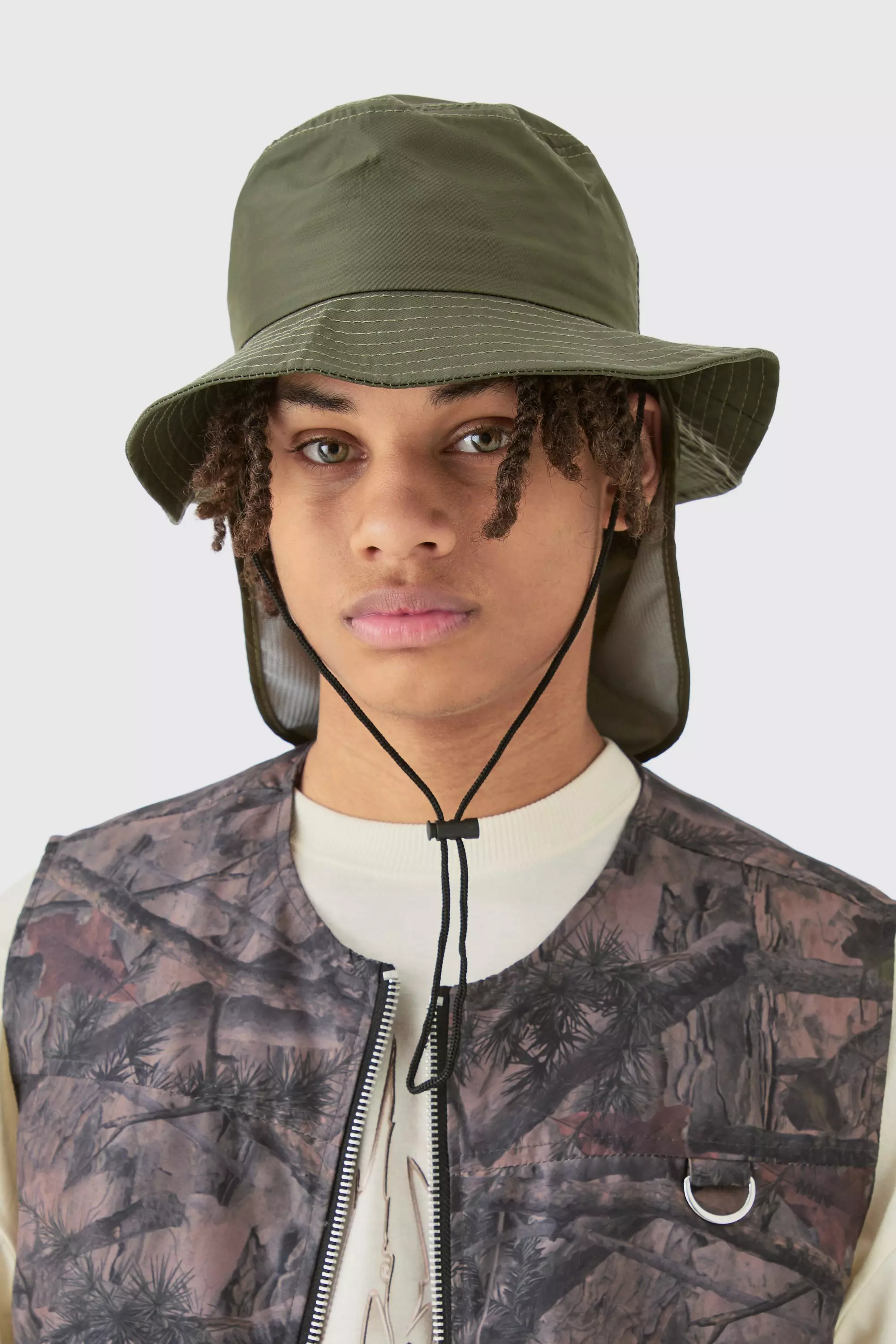 Nylon Neck Flap Boonie Hat In Khaki boohooMAN UK