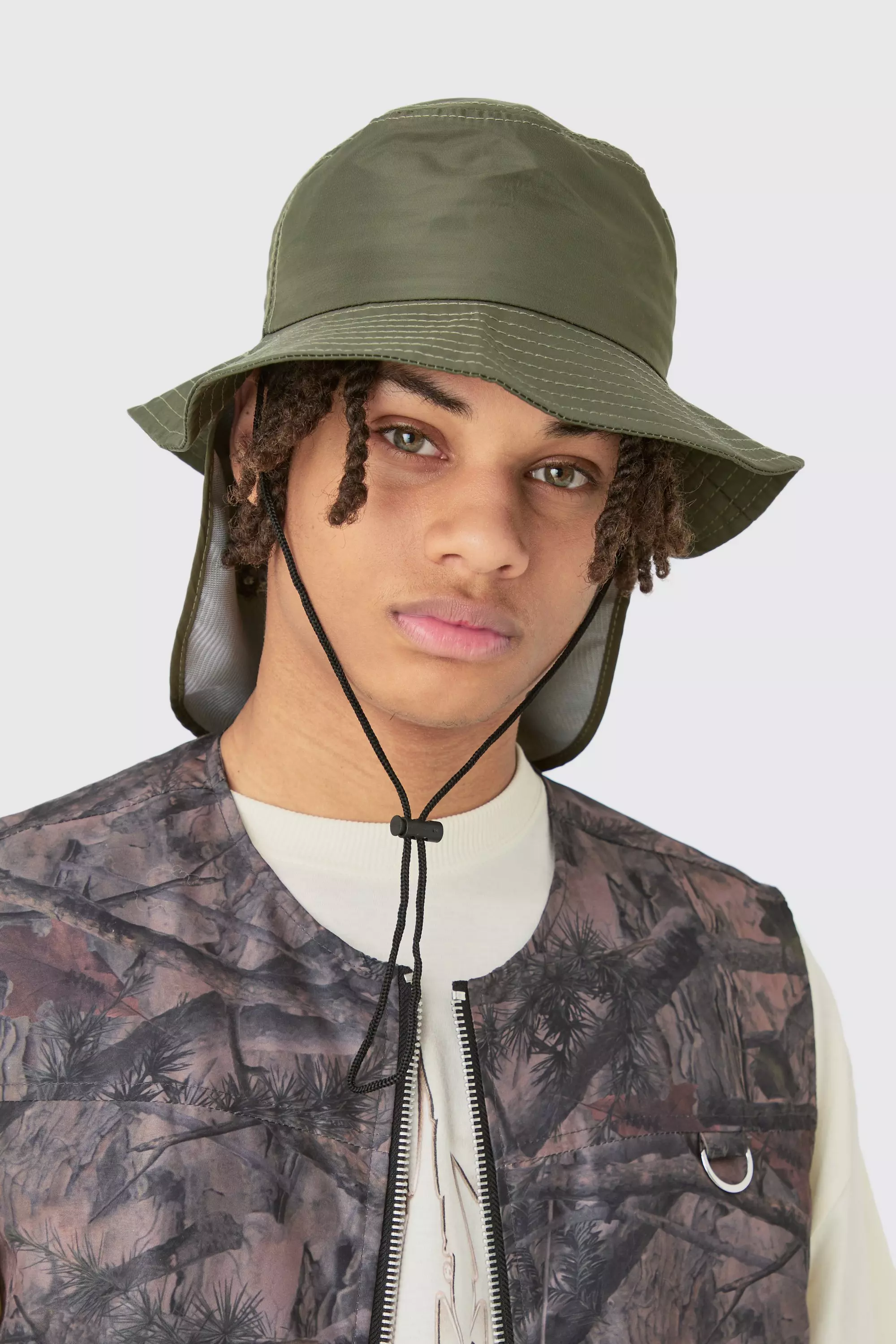 Nylon Neck Flap Boonie Hat In Khaki boohooMAN USA