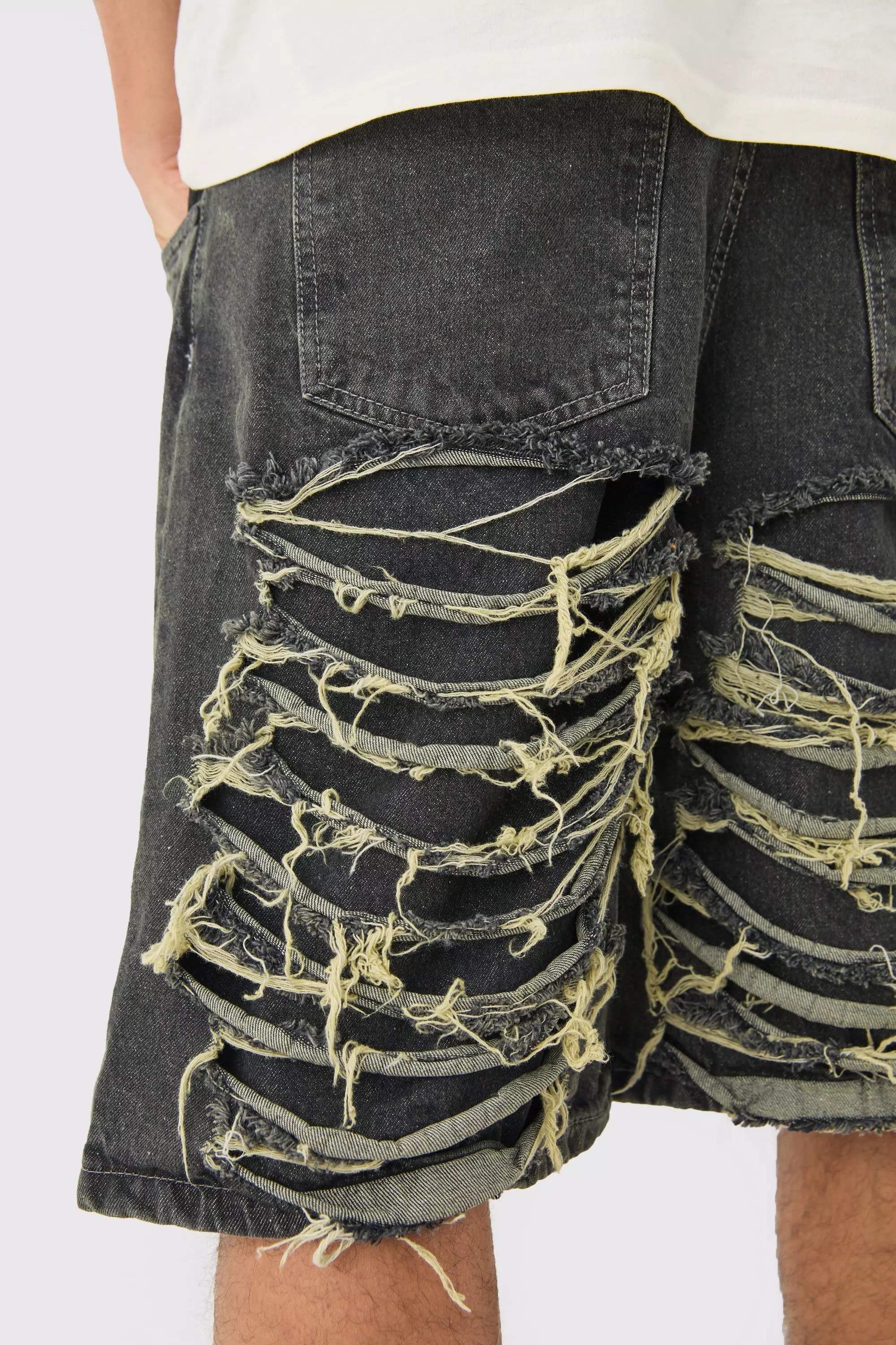 Relaxed Rigid Extreme Ripped Denim Jort In Antique Grey Grey