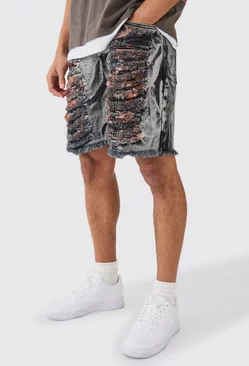 Grey Relaxed Rigid Extreme Ripped Denim Short In Charcoal