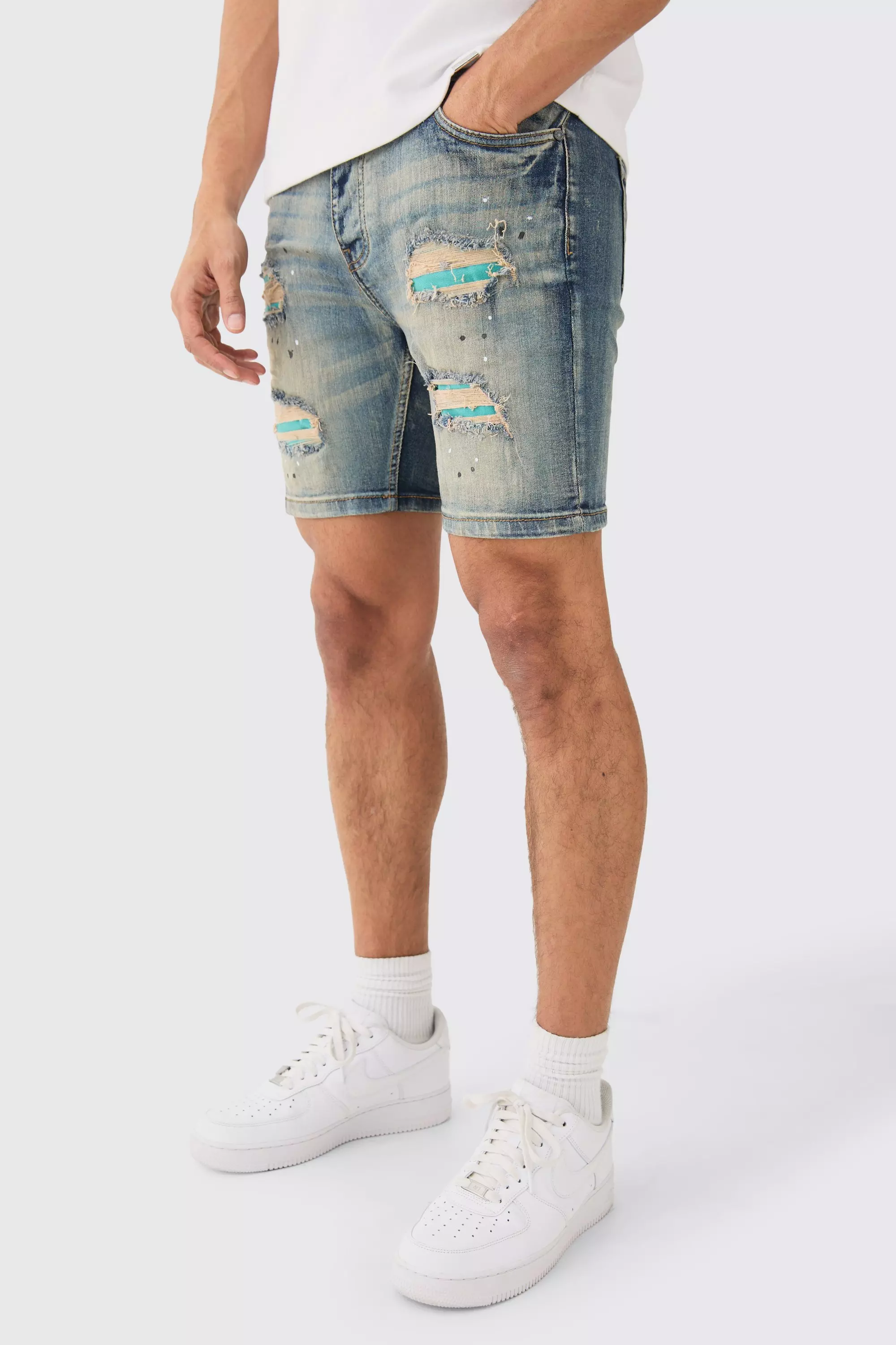 Skinny Stretch Pu Rip & Repair Paint Splatter Denim Short Antique wash