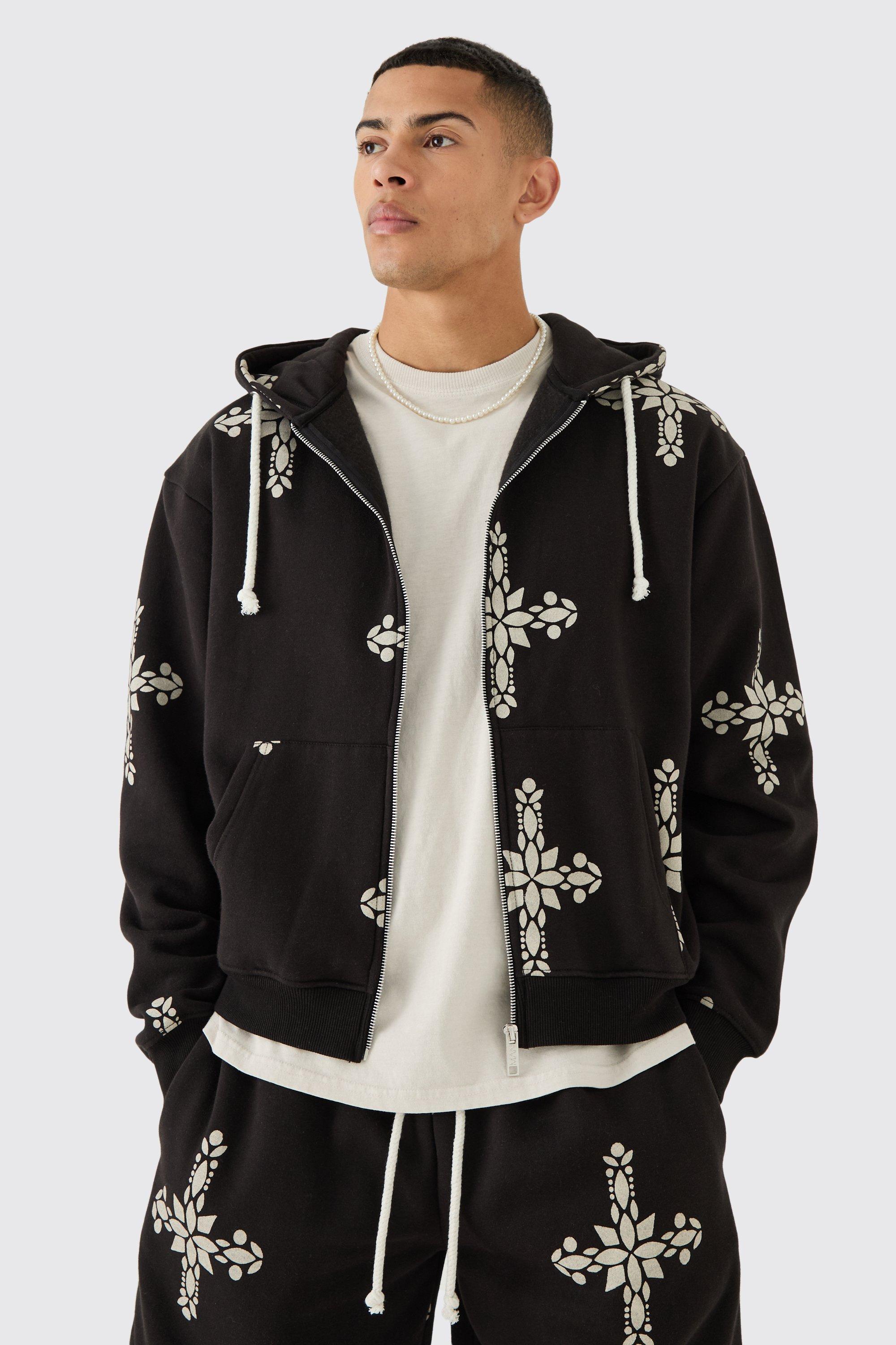 Oversized Boxy Zip Through Cross Printed Hoodie | boohooMAN USA