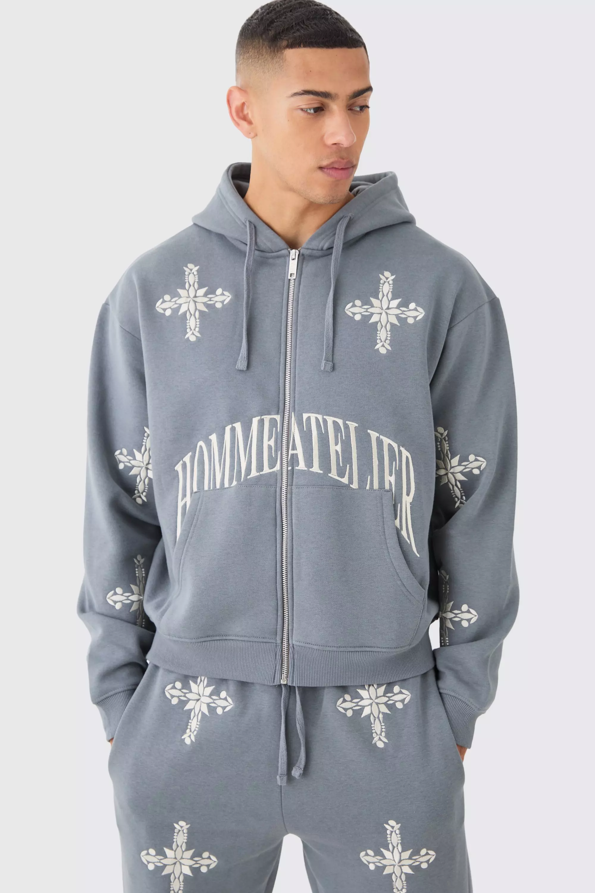 Oversized Boxy Zip Through Homme Cross Embroidered Hoodie