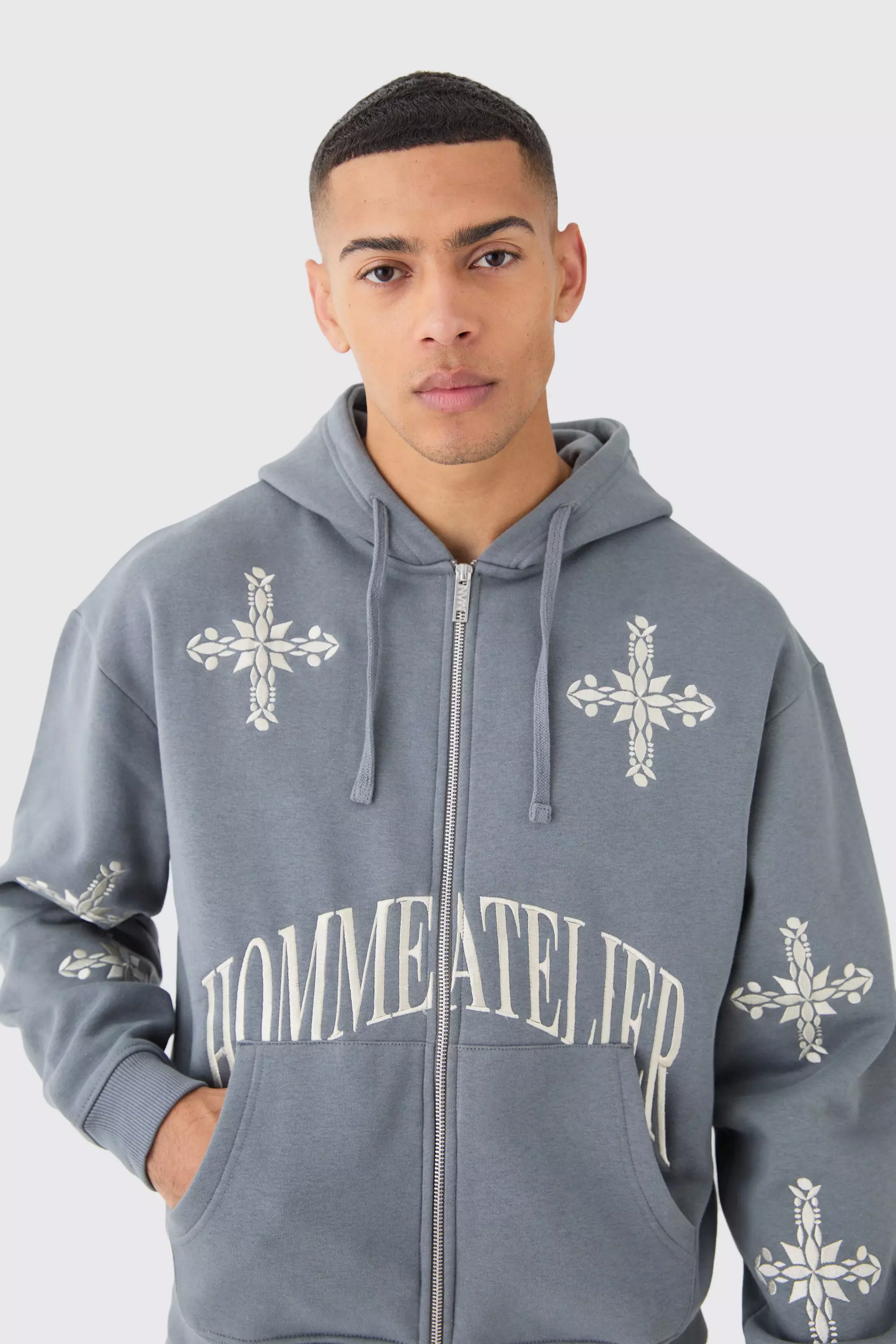Oversized Boxy Zip Through Homme Cross Embroidered Hoodie