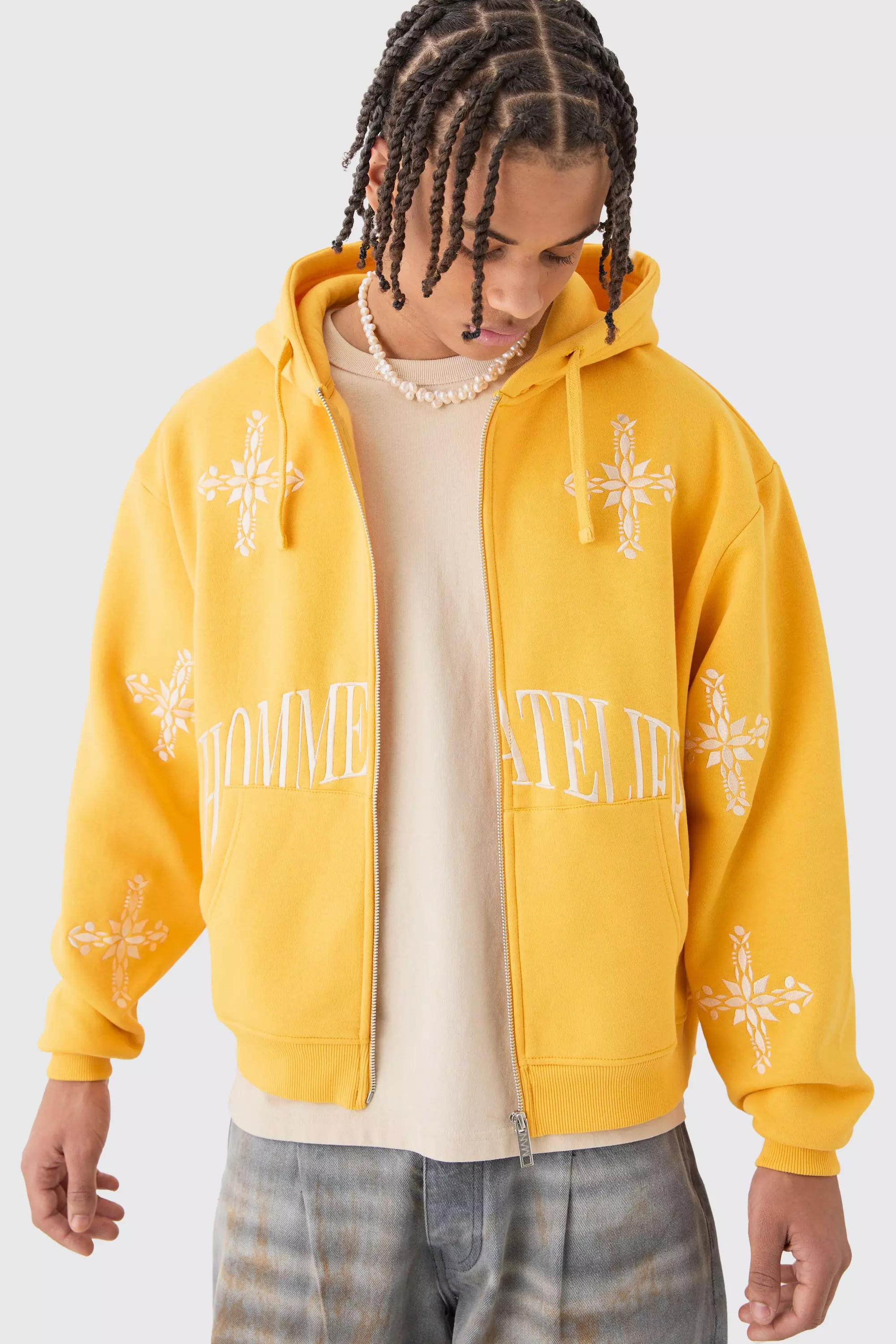 Oversized Boxy Zip Through Homme Cross Embroidered Hoodie