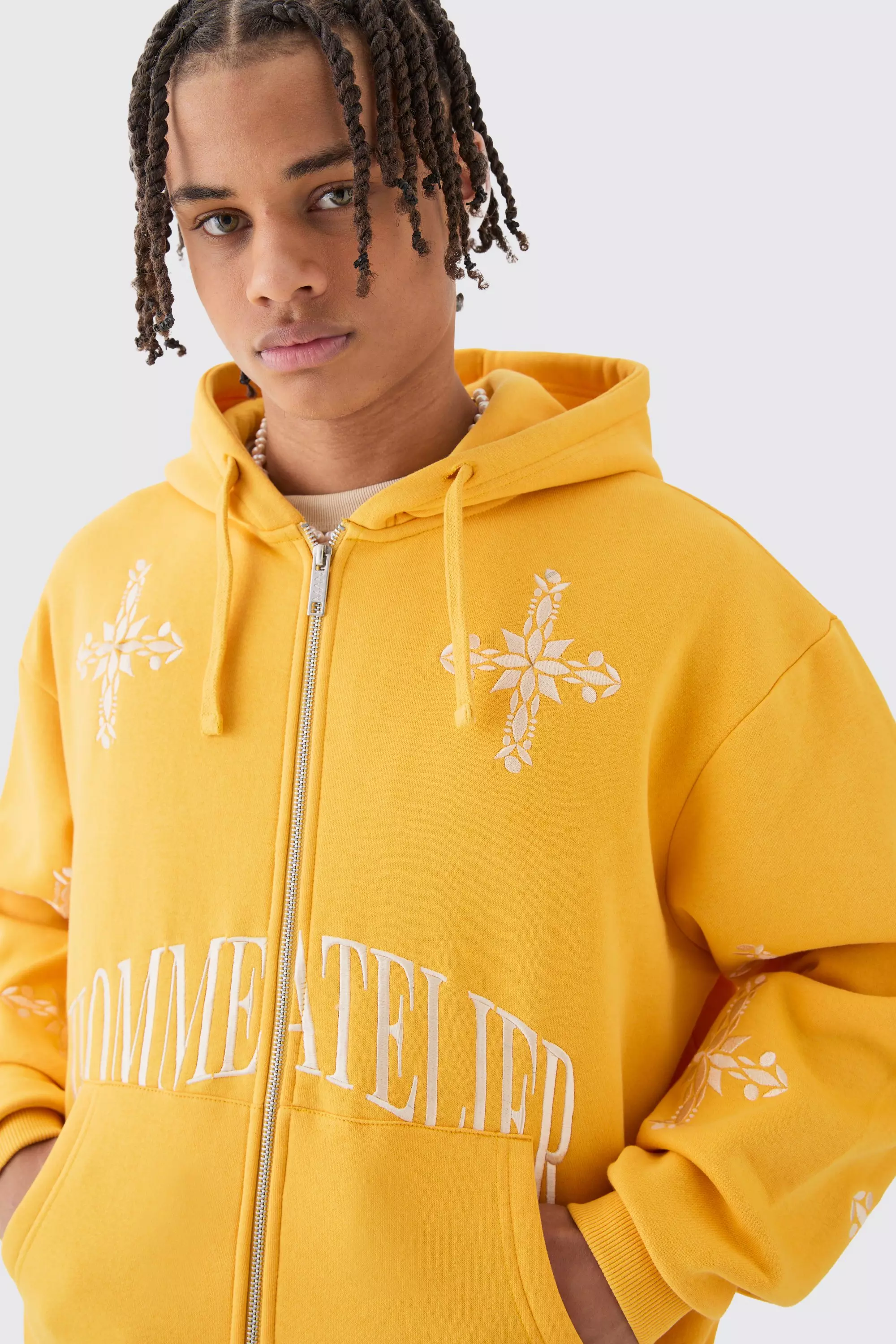 Oversized Boxy Zip Through Homme Cross Embroidered Hoodie