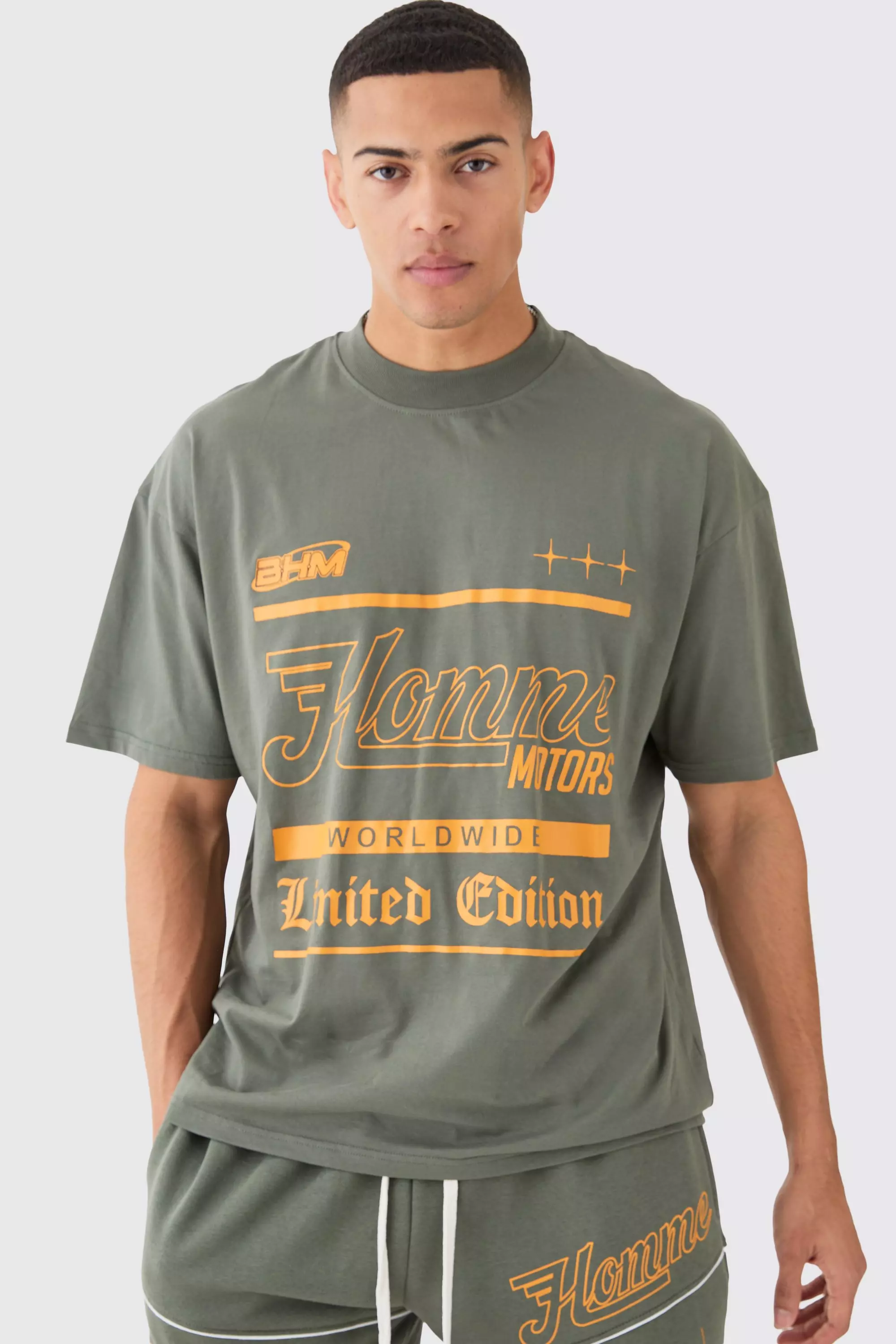 Oversized Extended Homme Limited Text Graphic T-shirt Khaki