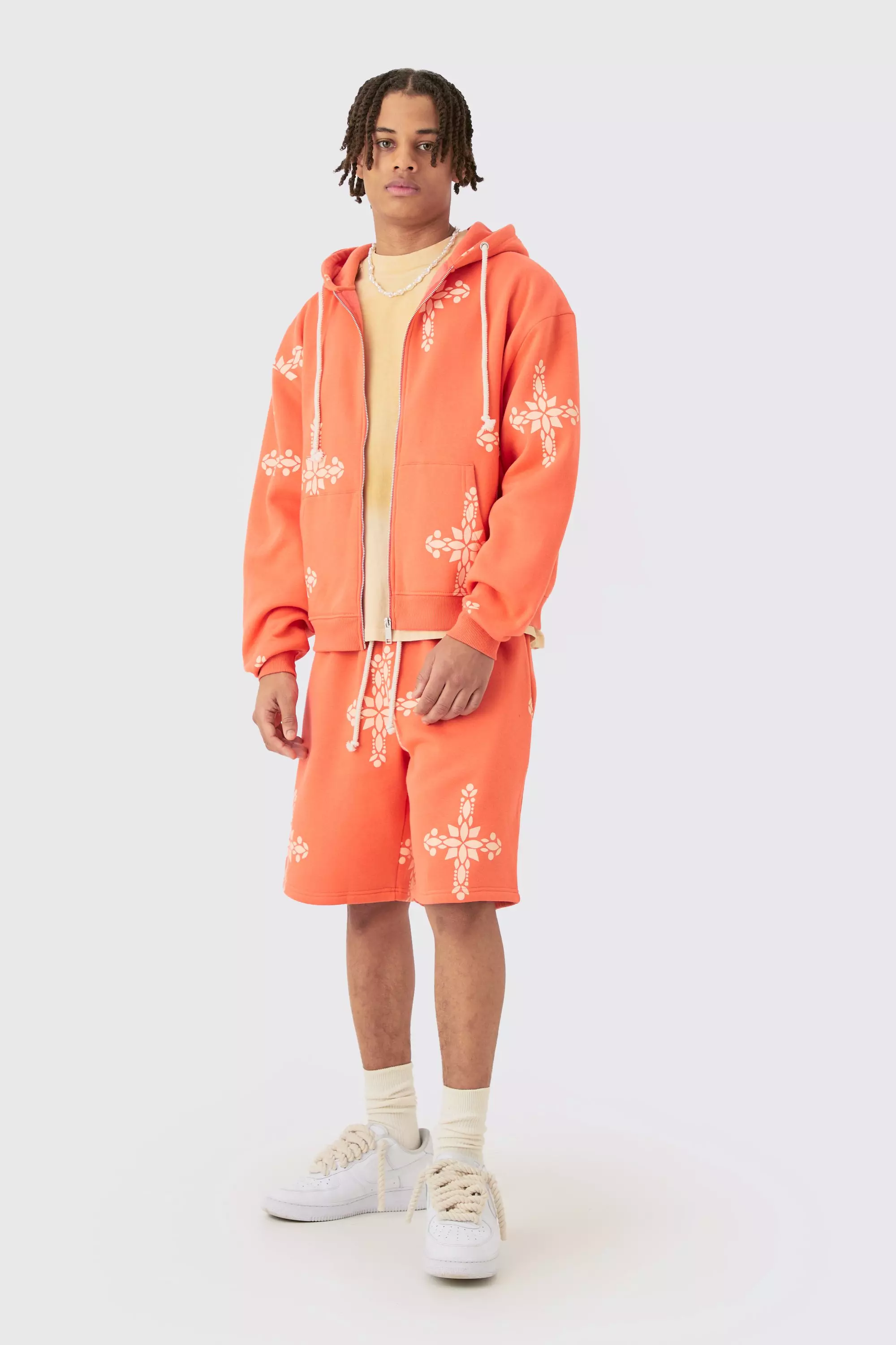 Orange Oversized Boxy Zip Through Cross Printed Hoodie & Shorts