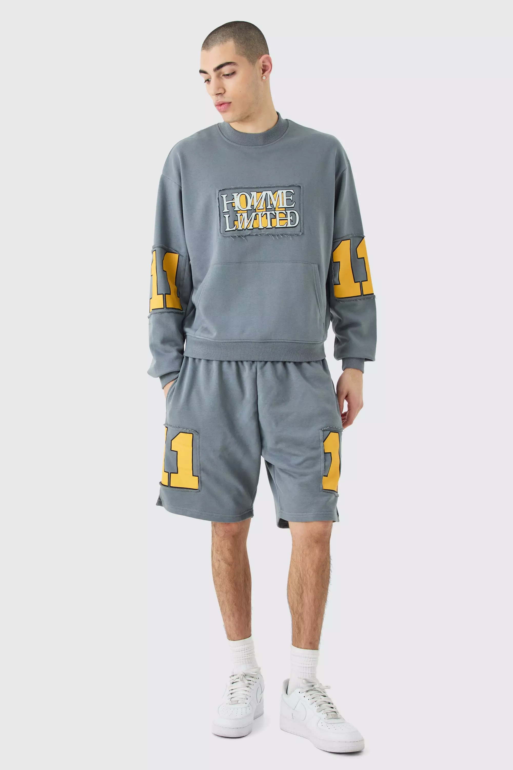 Charcoal Grey Oversized Boxy Homme Cut Out Sweatshirt & Shorts