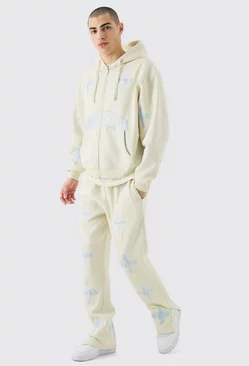 Oversized Boxy Zip Through Homme Embroidered Hood Tracksuit Stone