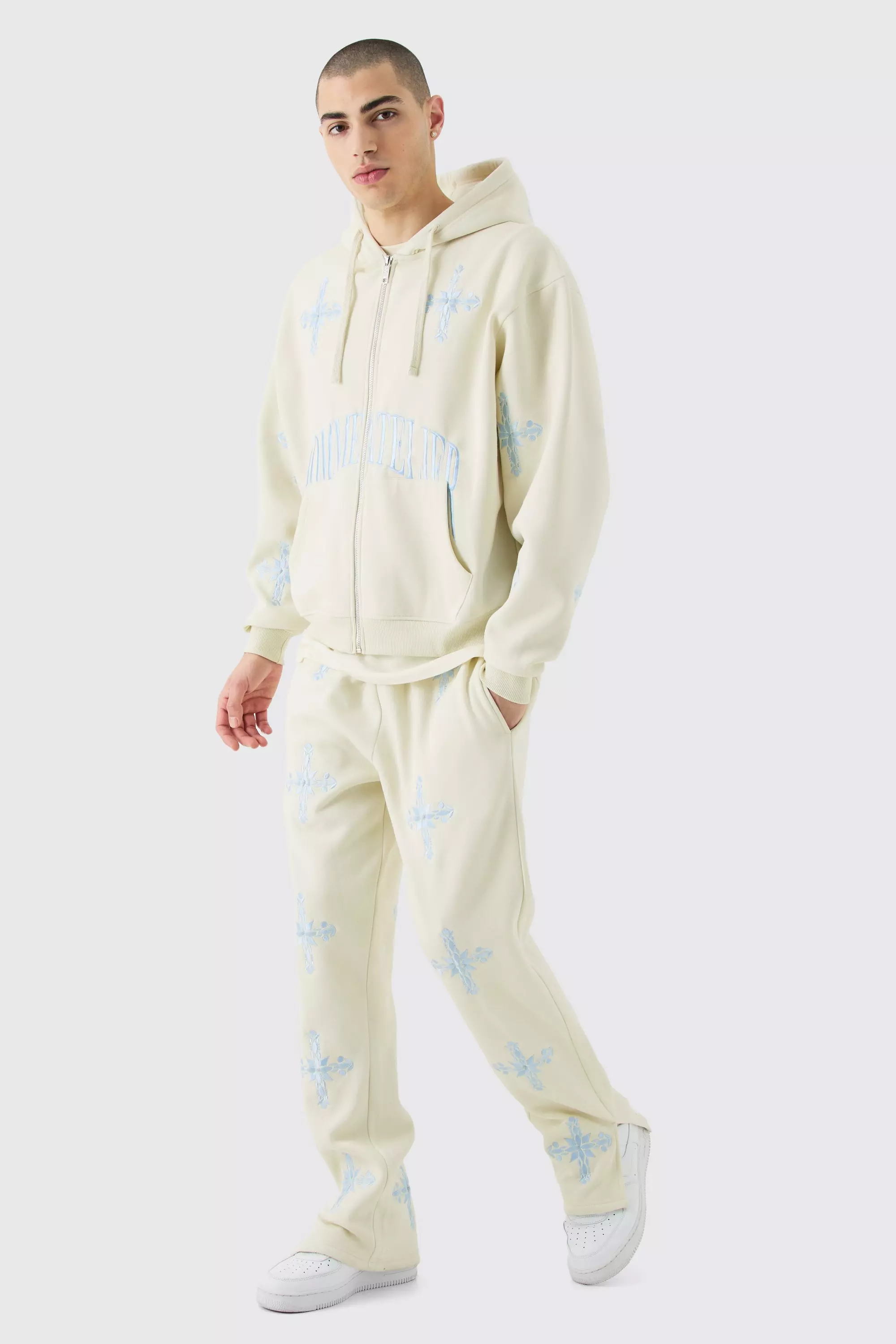 Stone Beige Oversized Boxy Zip Through Homme Embroidered Hood Tracksuit