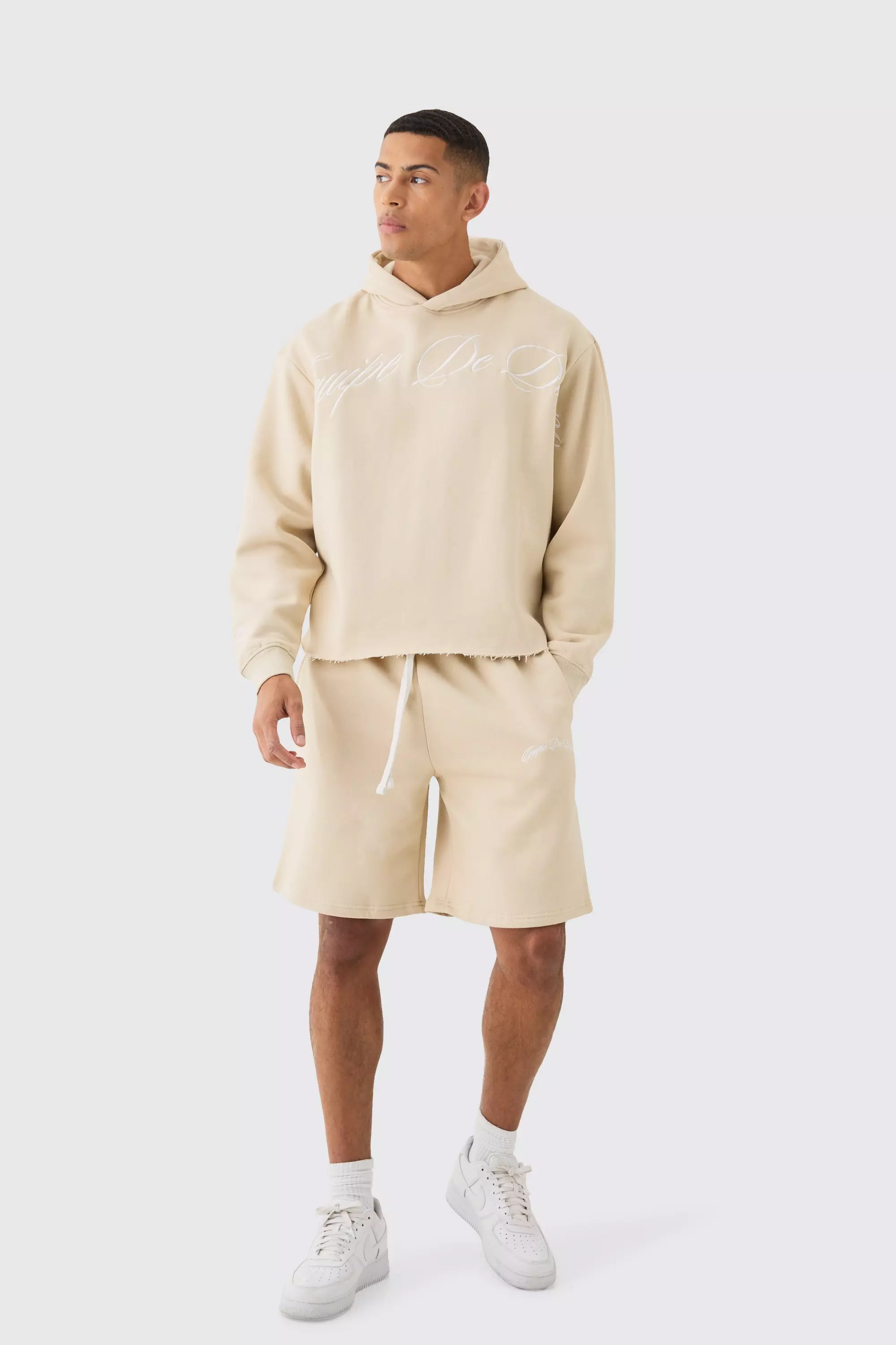 Stone Beige Oversized Boxy Embroided Short Tracksuit