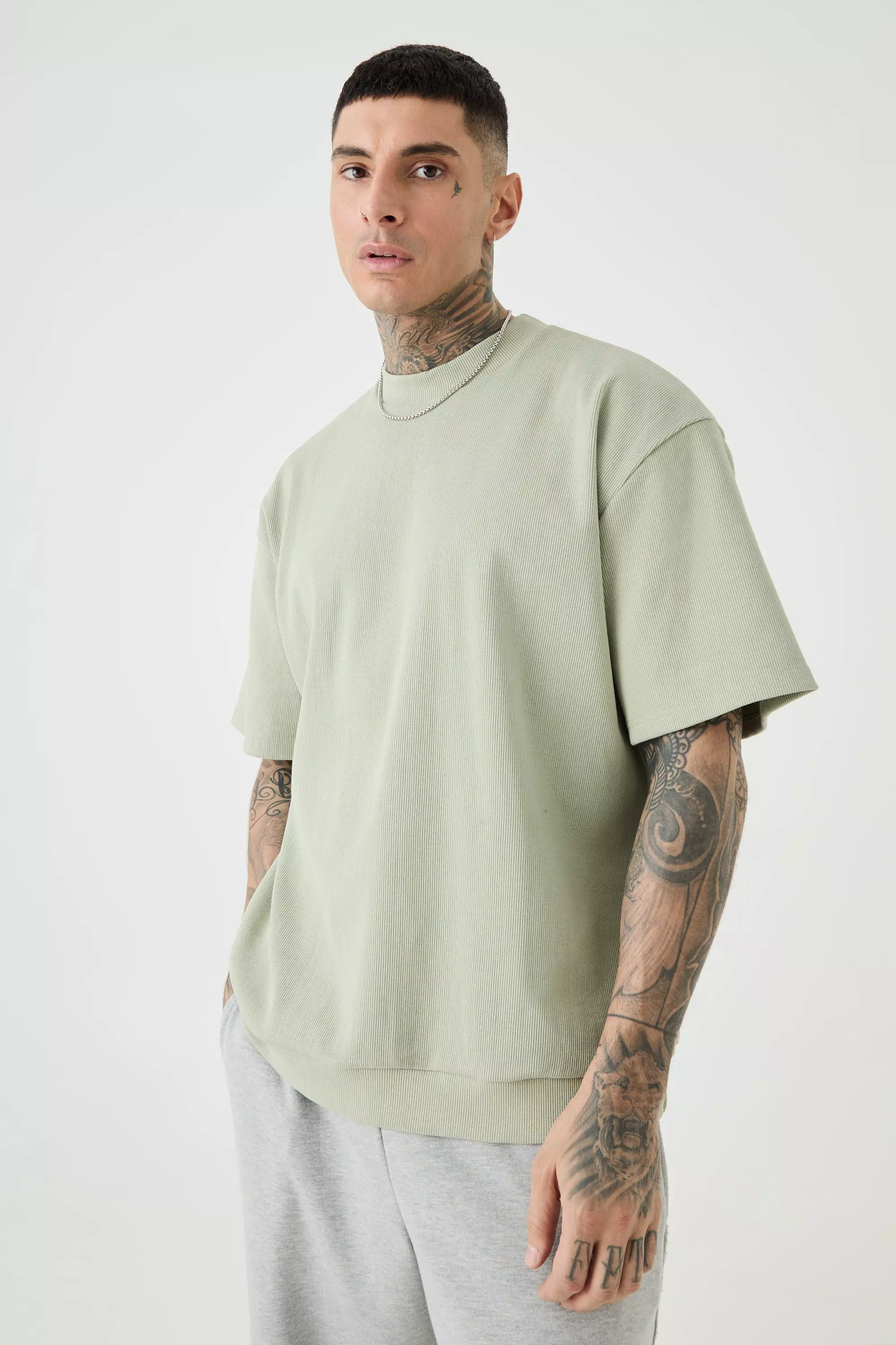 Sage Green Tall Oversized Heavyweight Ribbed Short Sleeve Sweatshirt