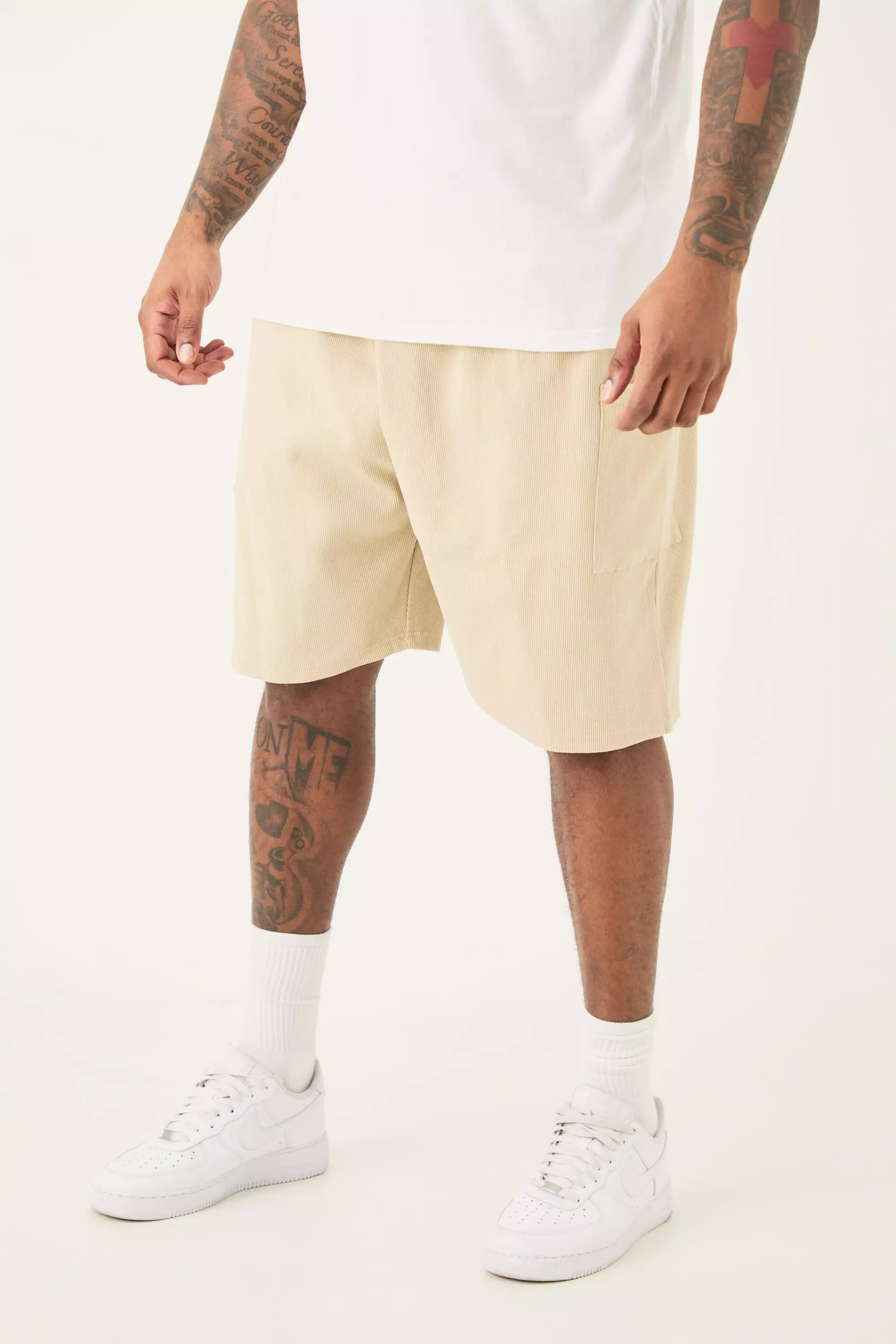 Stone Beige Plus Relaxed Heavyweight Ribbed Cargo Short