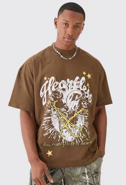 Oversized Extended Neck Graphic Heavy T-shirt Brown